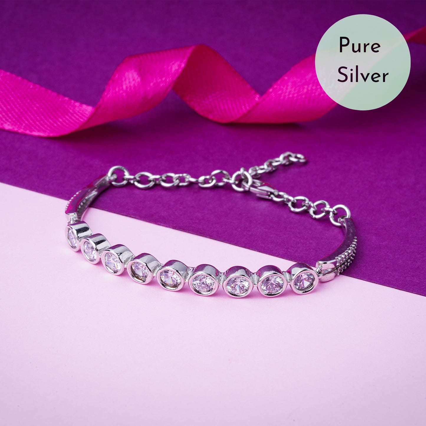 Pure 925 Silver Cz Solitaires Bracelet Adjustable Size for Women & Girls