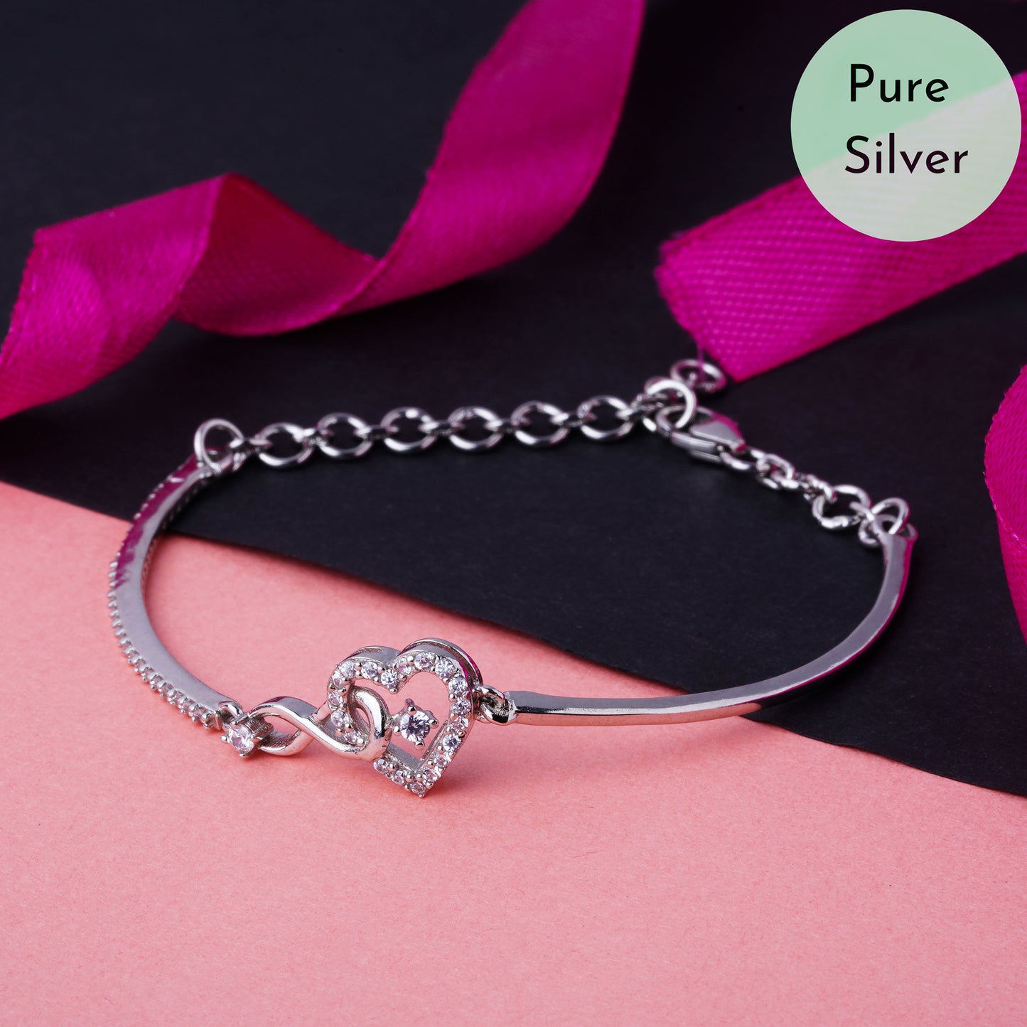 Pure 925 Silver Infinity Heart Adjustable Bracelet for Women & Girls