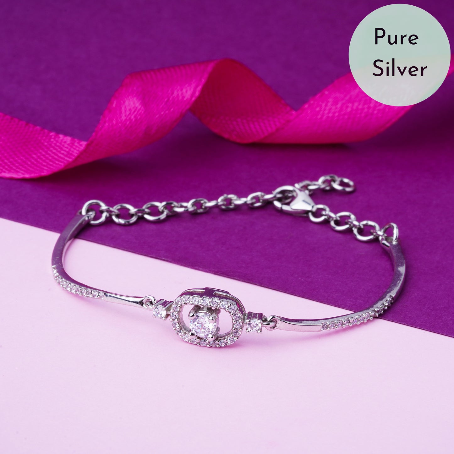 Pure 925 Silver Cz Solitaire Bracelet Adjustable Size for Women & Girls