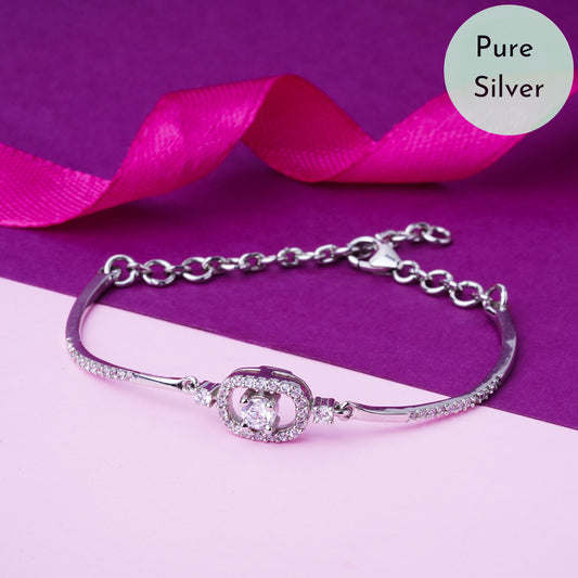 Pure 925 Silver Cz Solitaire Bracelet Adjustable Size for Women & Girls