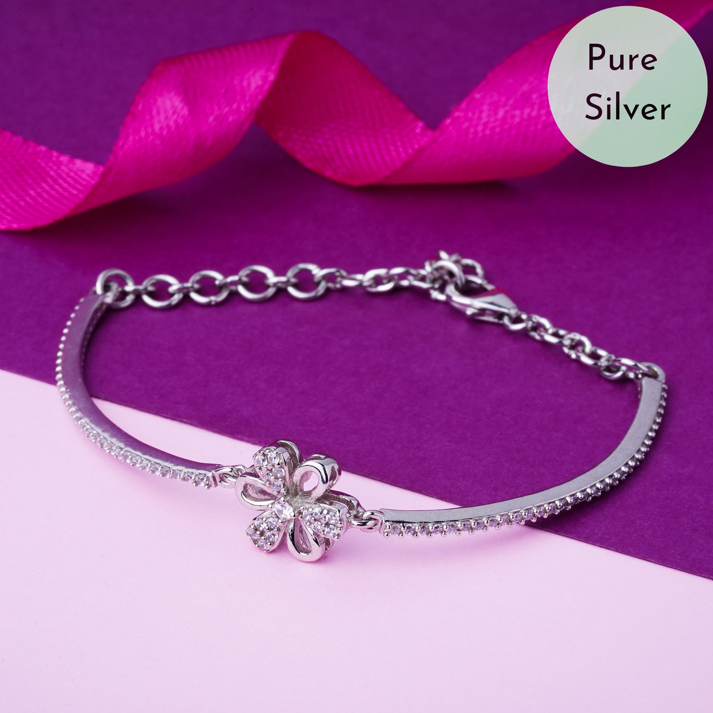 Pure 925 Silver Floral Bracelet Adjustable Size for Women & Girls