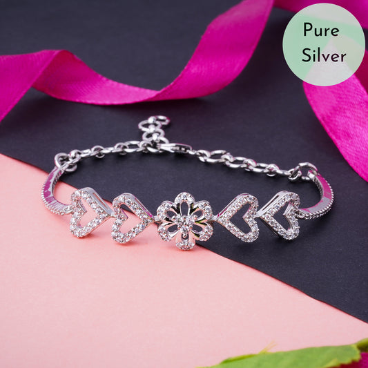 Pure 925 Silver Floral Bracelet Adjustable Size for Women & Girls