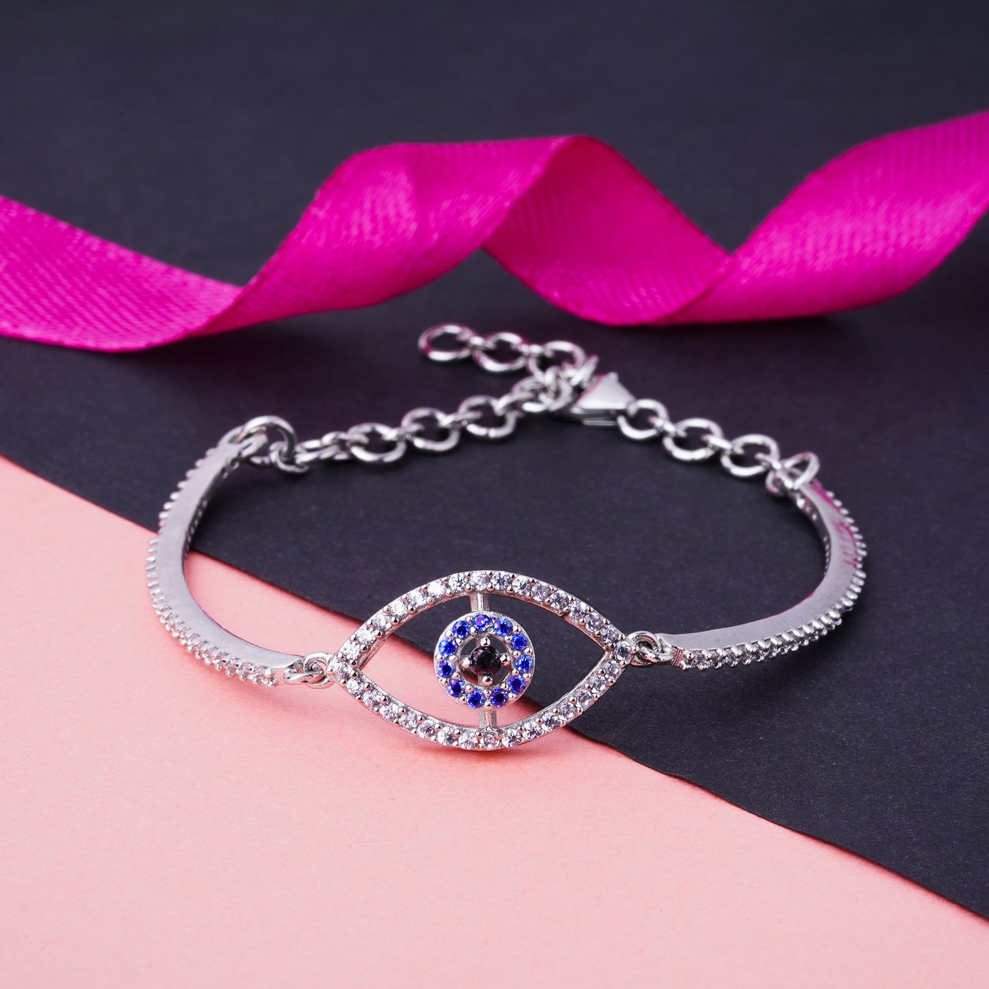 Pure 925 Silver Evil Eye Bracelet Adjustable Size for Women & Girls