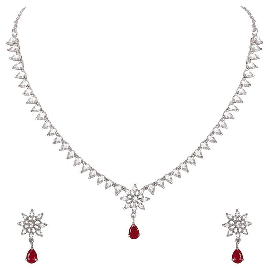 Pure 925 Sterling Silver Ruby Red Necklace Earrings Jewellery Set in Cubic Zirconia/CZ for Women & Girls (with Pure 925 Silver Push Back)