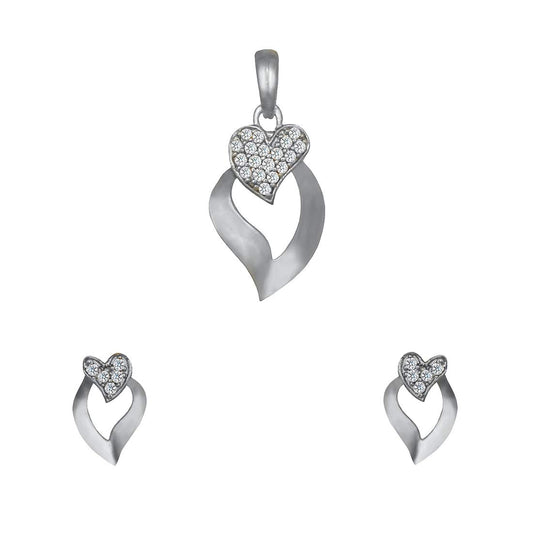 Pure 925 Sterling Silver Heart Shape Pendant With Studs (Earring) in Jewellery Set for Women & Girls (SILVER RHODIUM)