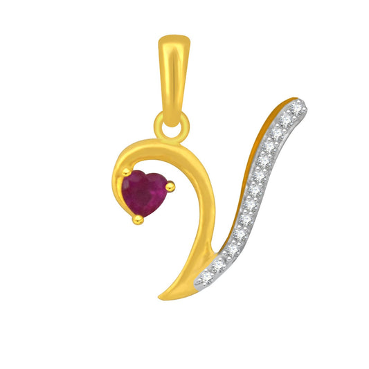 Pure 925 Sterling Silver Ruby Red Heart Valentines Gifts in CZ V Alphabet Letter Pendant