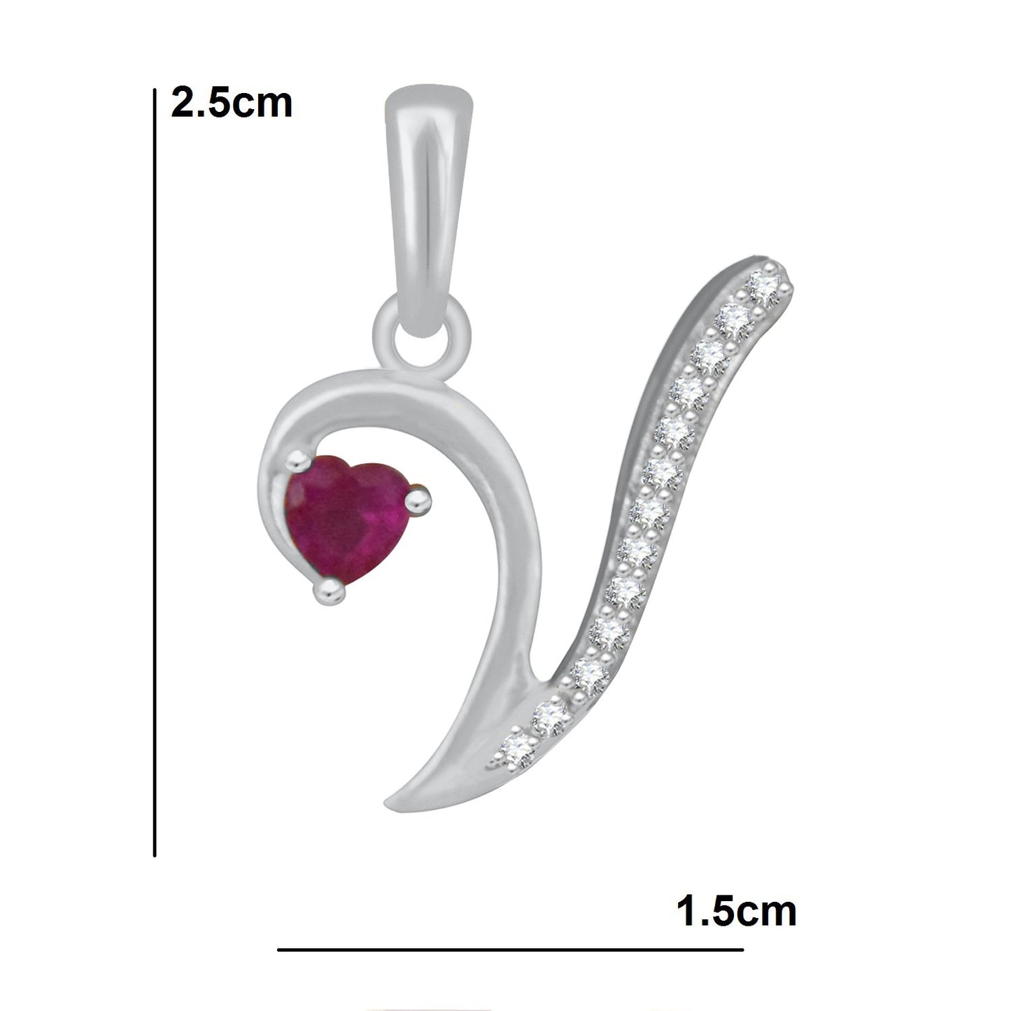 Pure 925 Sterling Silver Ruby Red Valentines Gifts Heart in CZ V Alphabet Letter Pendant