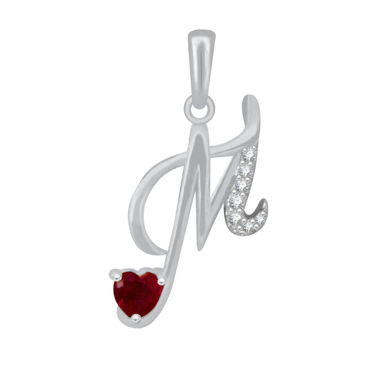 Pure 925 Sterling Silver Ruby Red Valentines Gifts Heart in CZ M Alphabet Letter Pendant