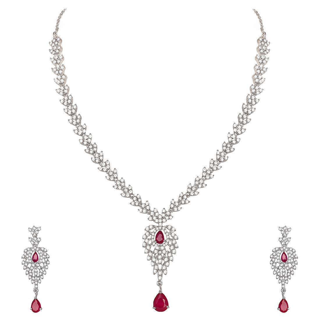 Pure 925 Sterling Silver Ruby Red Necklace Earrings Jewellery Set in Cubic Zirconia/CZ for Women & Girls (with Pure 925 Silver Push Back)