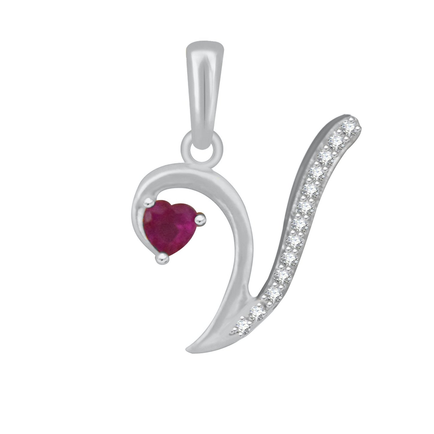 Pure 925 Sterling Silver Ruby Red Valentines Gifts Heart in CZ V Alphabet Letter Pendant