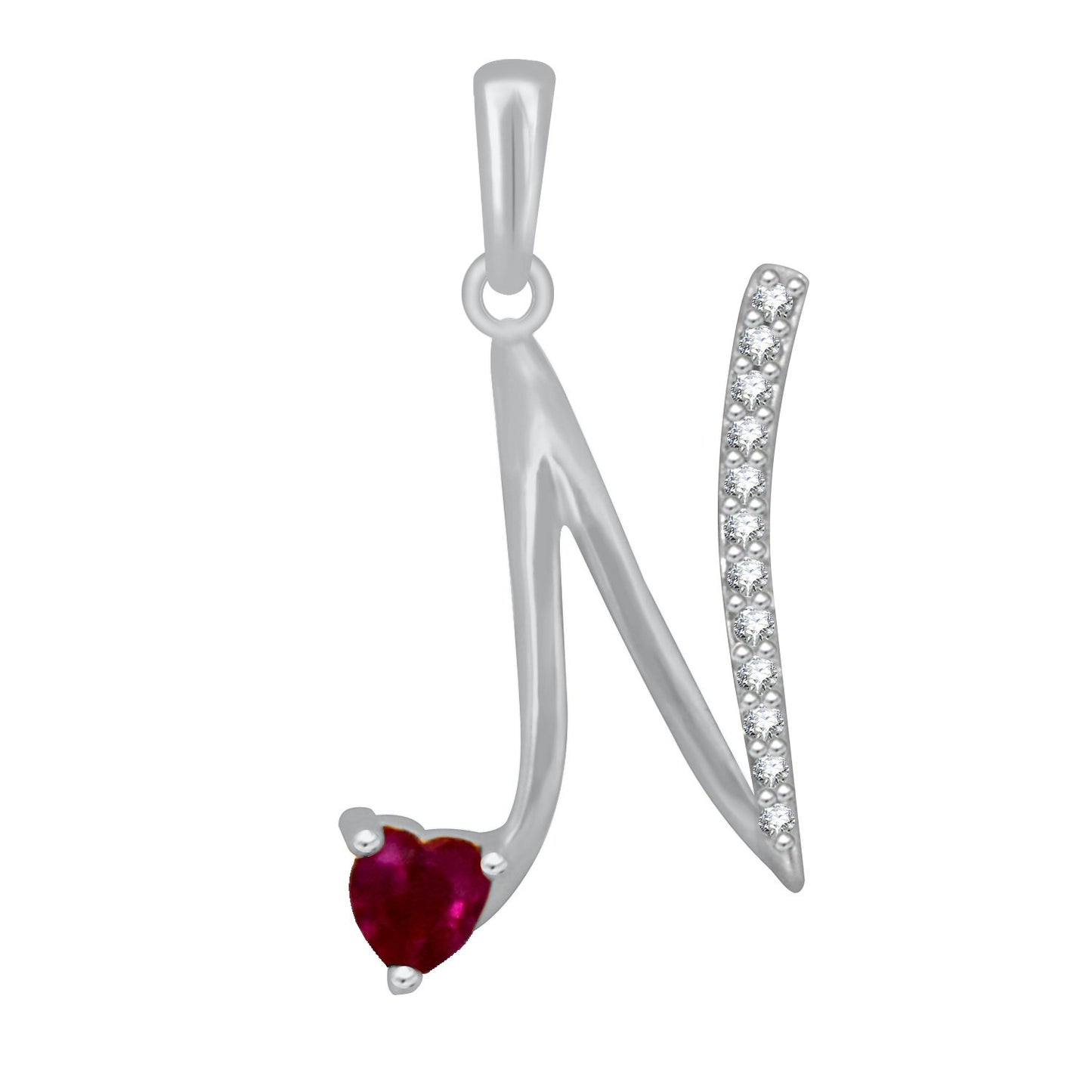 Pure 925 Sterling Silver Ruby Red Valentines Gifts Heart in CZ N Alphabet Letter Pendant