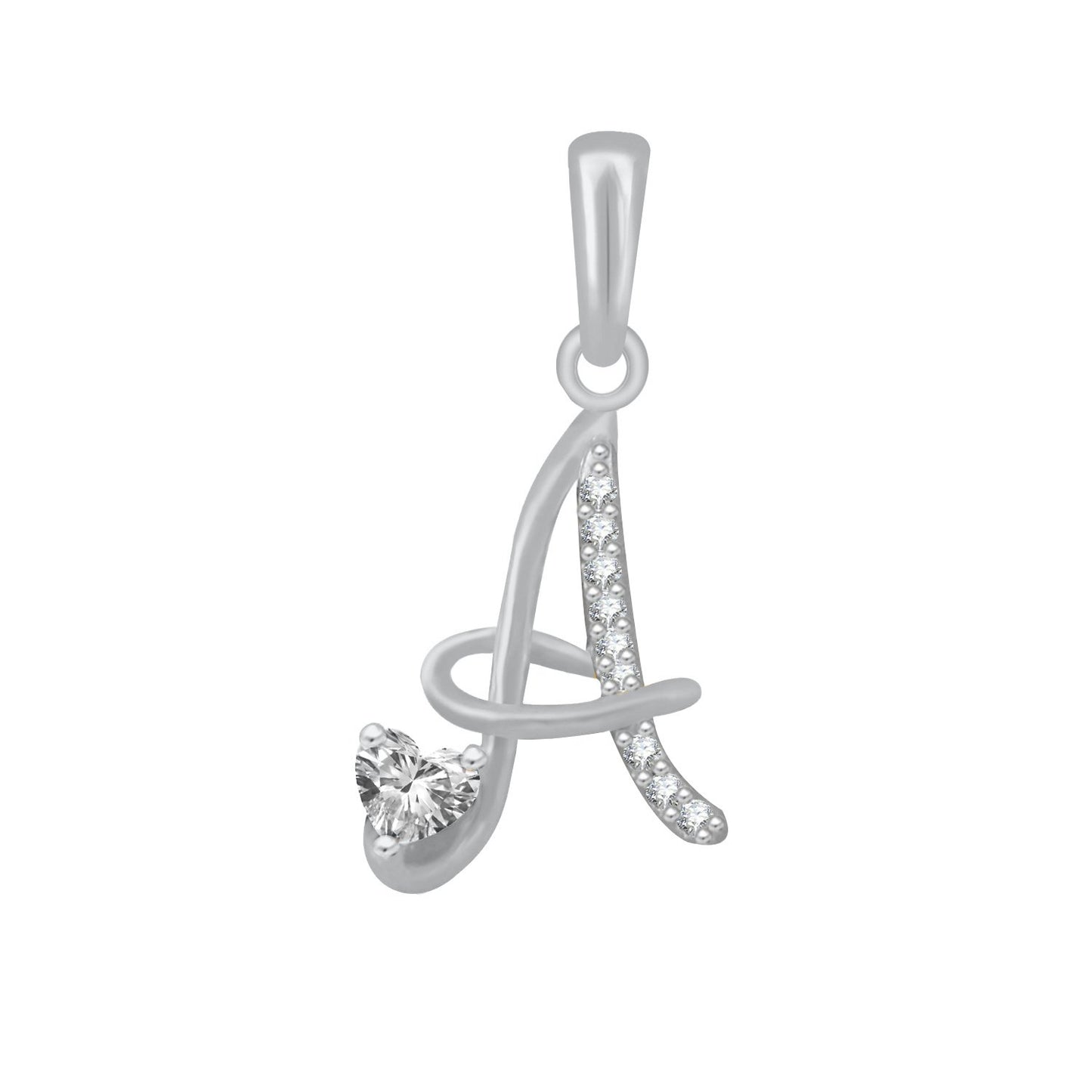 Silver Rhodium Pure 925 Sterling Silver Heart in CZ A Alphabet Letter Pendant for Men and Women