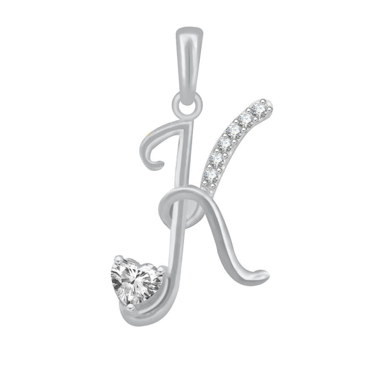 Pure 925 Sterling Silver in Rhodium CZ K Alphabet Letter Pendant for Men and Women