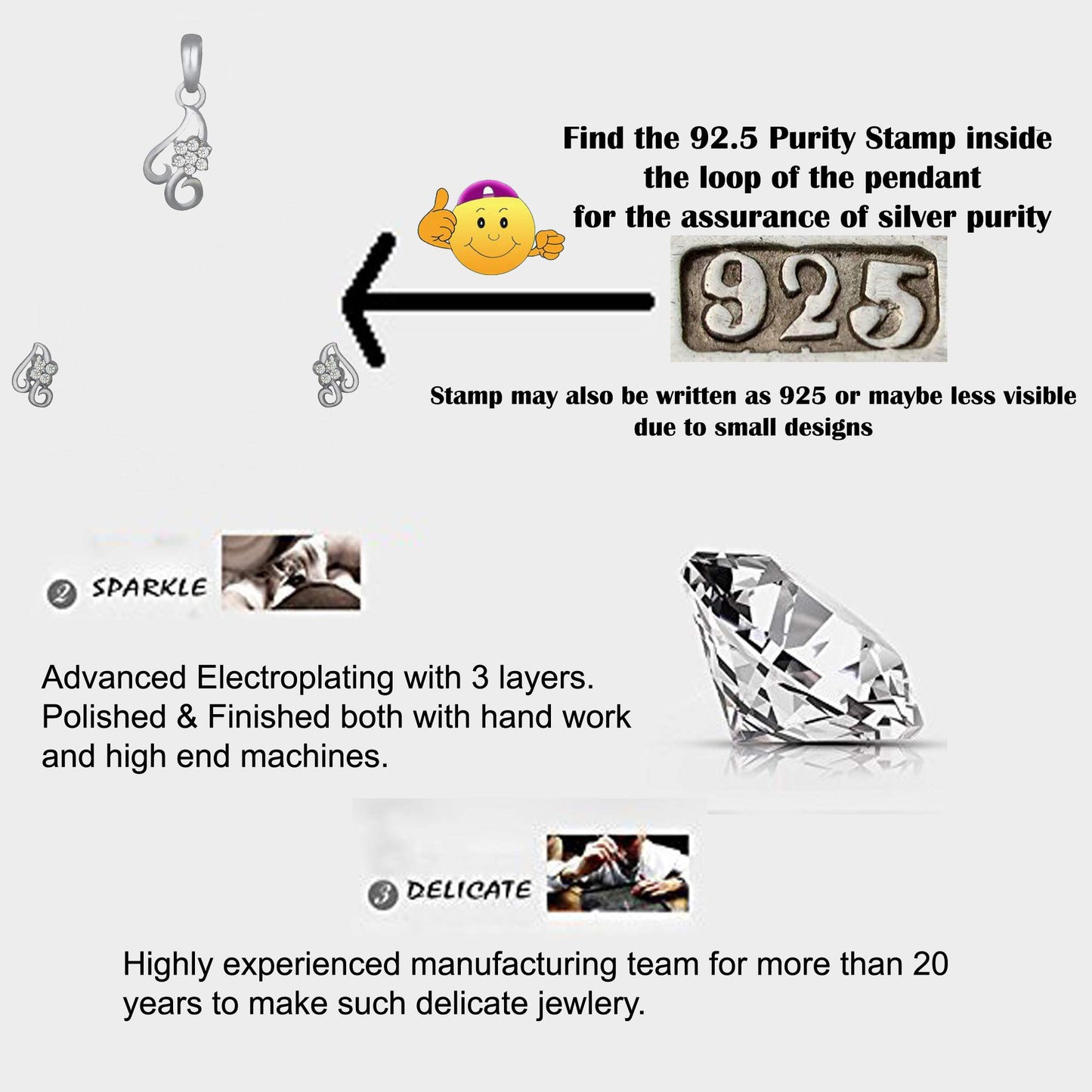 Pure 925 Sterling Silver Pendant With Studs (Earring) Jewellery Set for Women & Girls