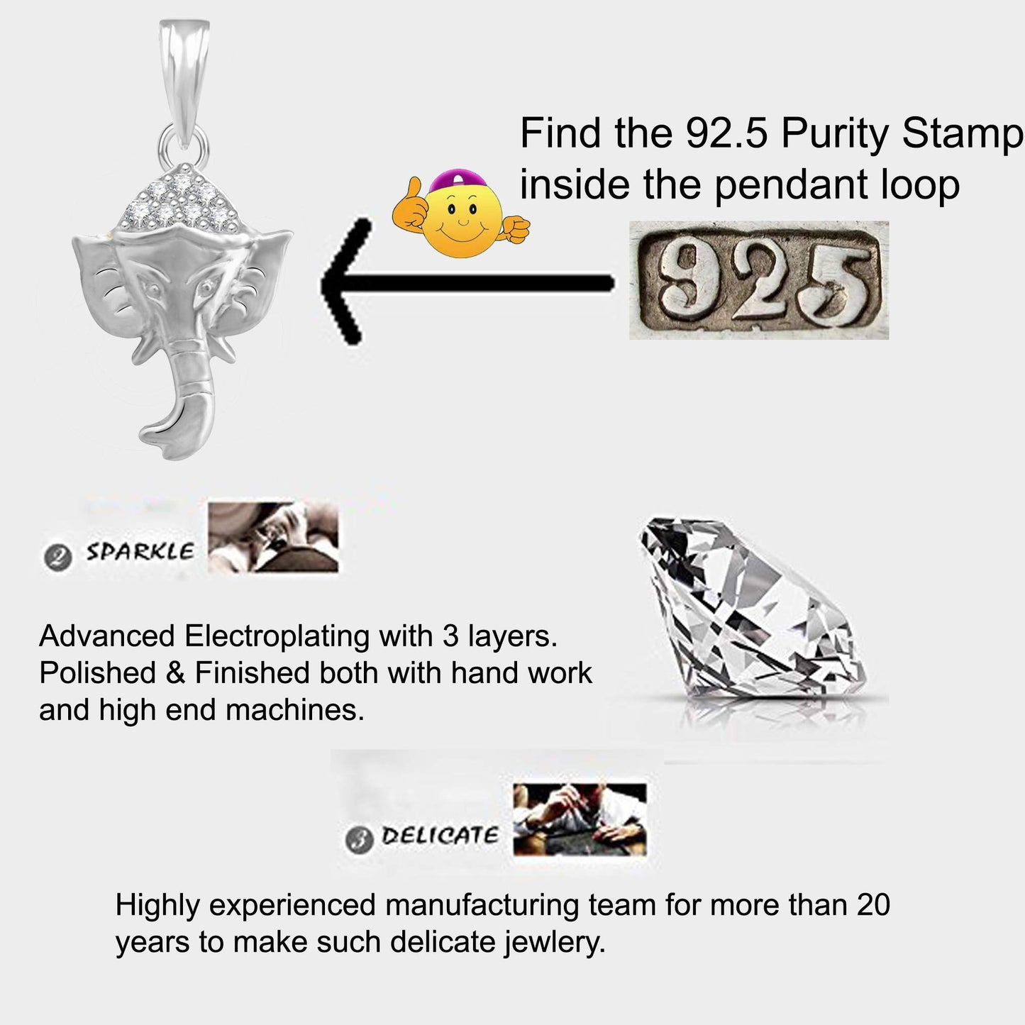 Pure 925 Sterling Silver Ganesha Ganpati Locket In CZ God Pendant For Man & Women Pendent