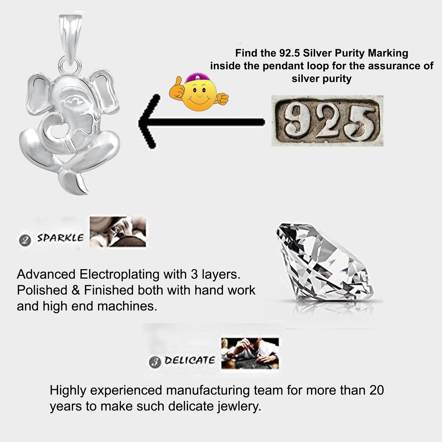 Pure 925 Sterling Silver Ganesha Ganpati Locket In CZ God Pendant For Man & Women Pendent