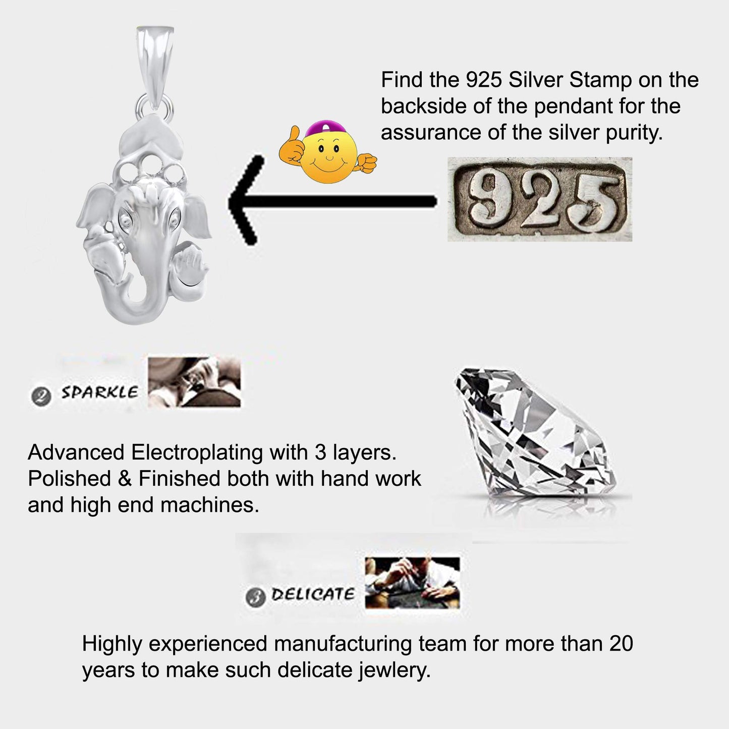 Pure 925 Sterling Silver Ganesha Ganpati Locket In CZ God Pendant For Man & Women Pendent