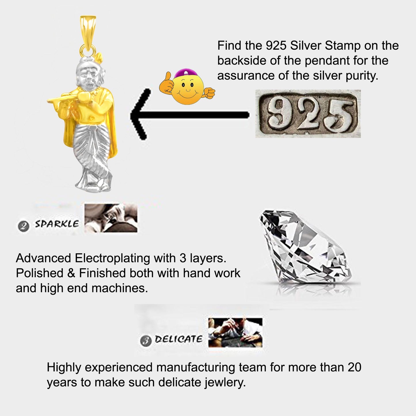 Pure 925 Sterling Silver Lord Jai Shri Krishna With Flute Locket In Bhagwan God Pendant Man & Women Pendent