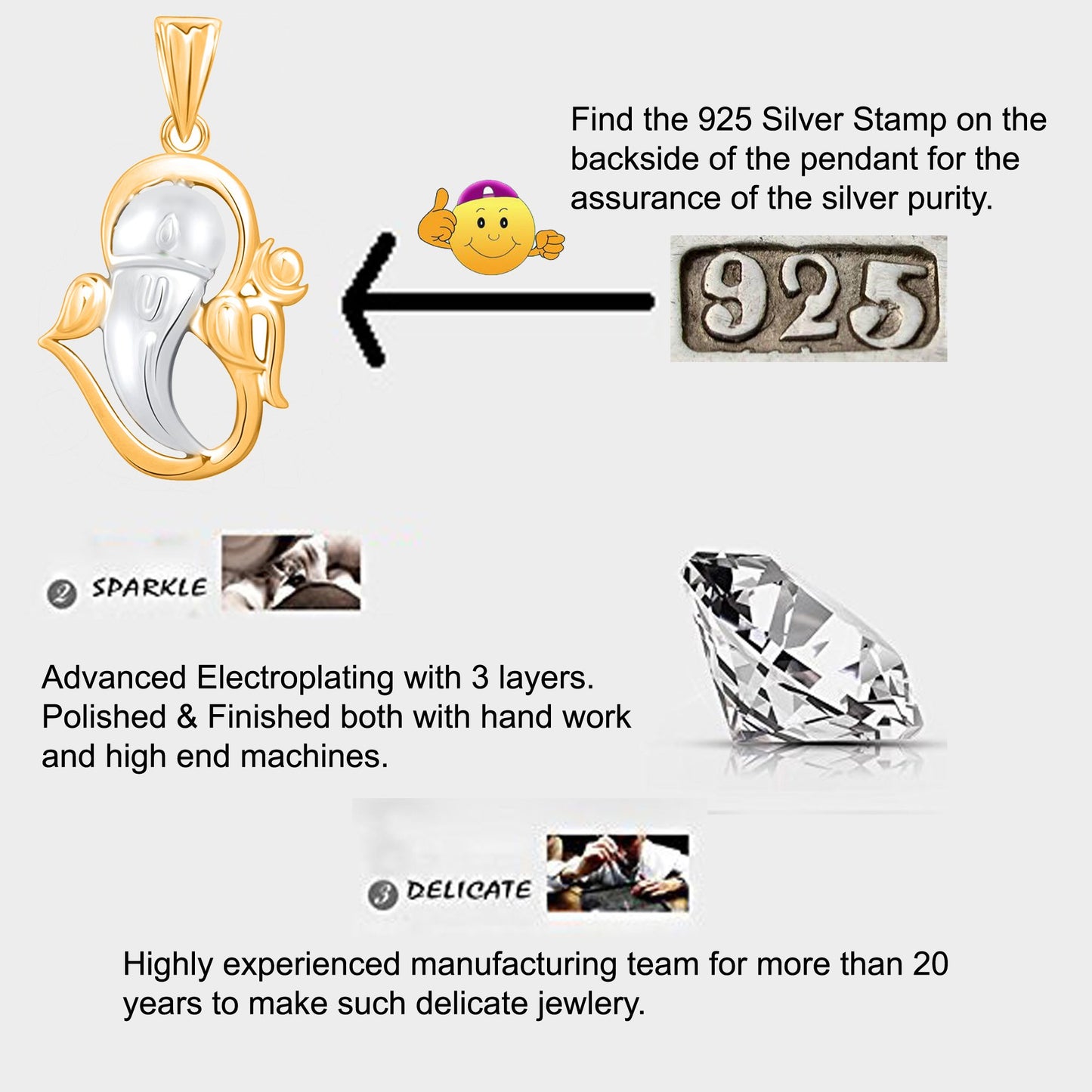 Pure 925 Sterling Silver Ganesha Ganpati Locket CZ God Pendant For Man & Woman Pendent (Gold and Silver)