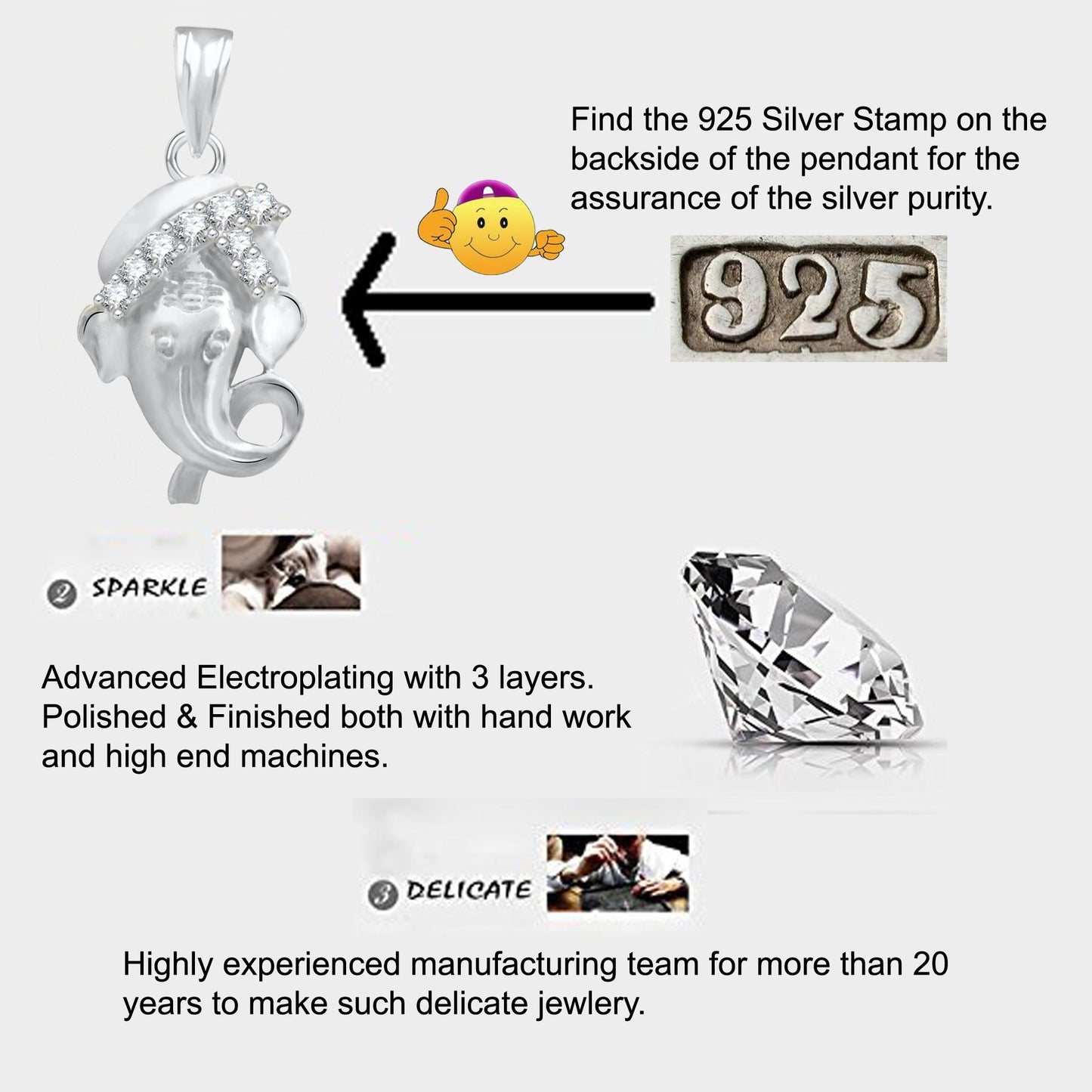 Pure 925 Sterling Silver Ganesha Ganpati Locket In CZ God Pendant For Man & Women Pendent