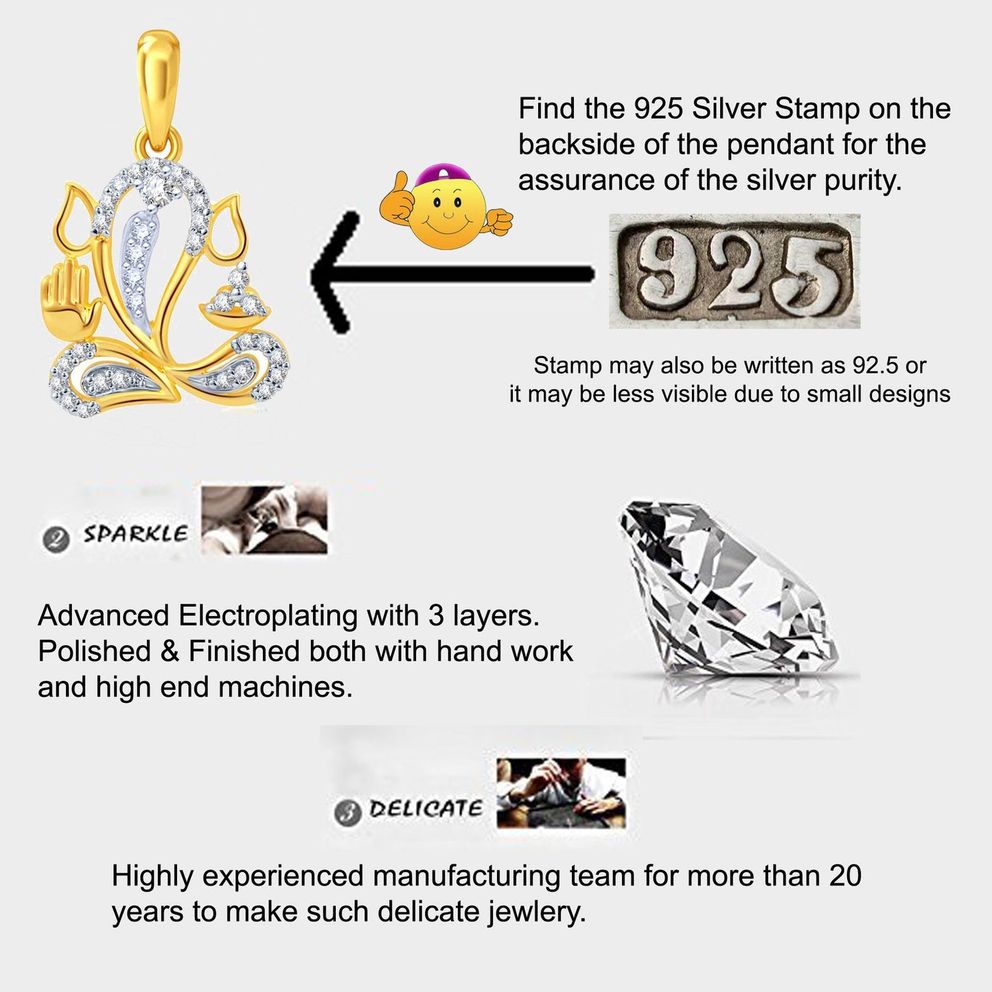 Pure 925 Sterling Silver Ganesha Ganpati Locket CZ God Pendant For Man & Women Pendent