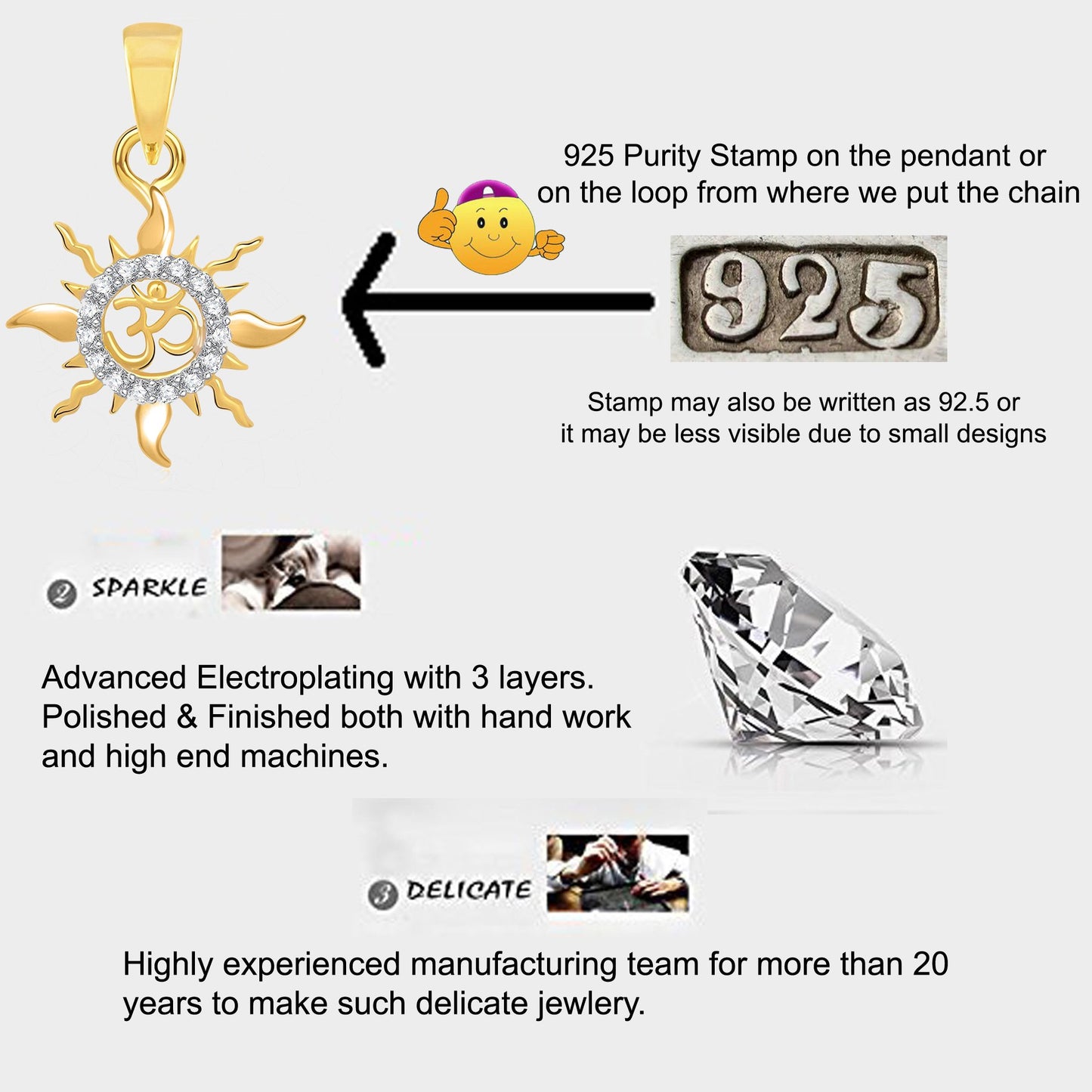 Pure 925 Sterling Silver Om Surya Lord Sun Ohm Locket In Cz Aum God Pendant For Man & Women