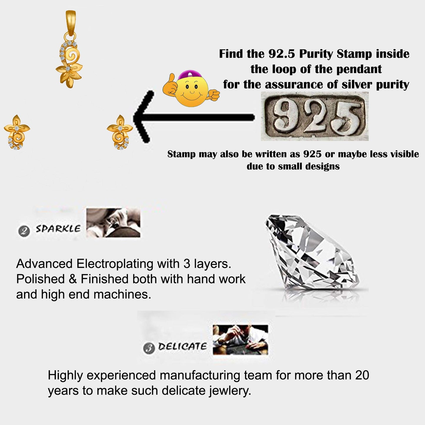 Pure 925 Sterling Silver Flower Shape Pendant With Studs (Earring) in Jewellery Set for Women & Girls (GOLD)