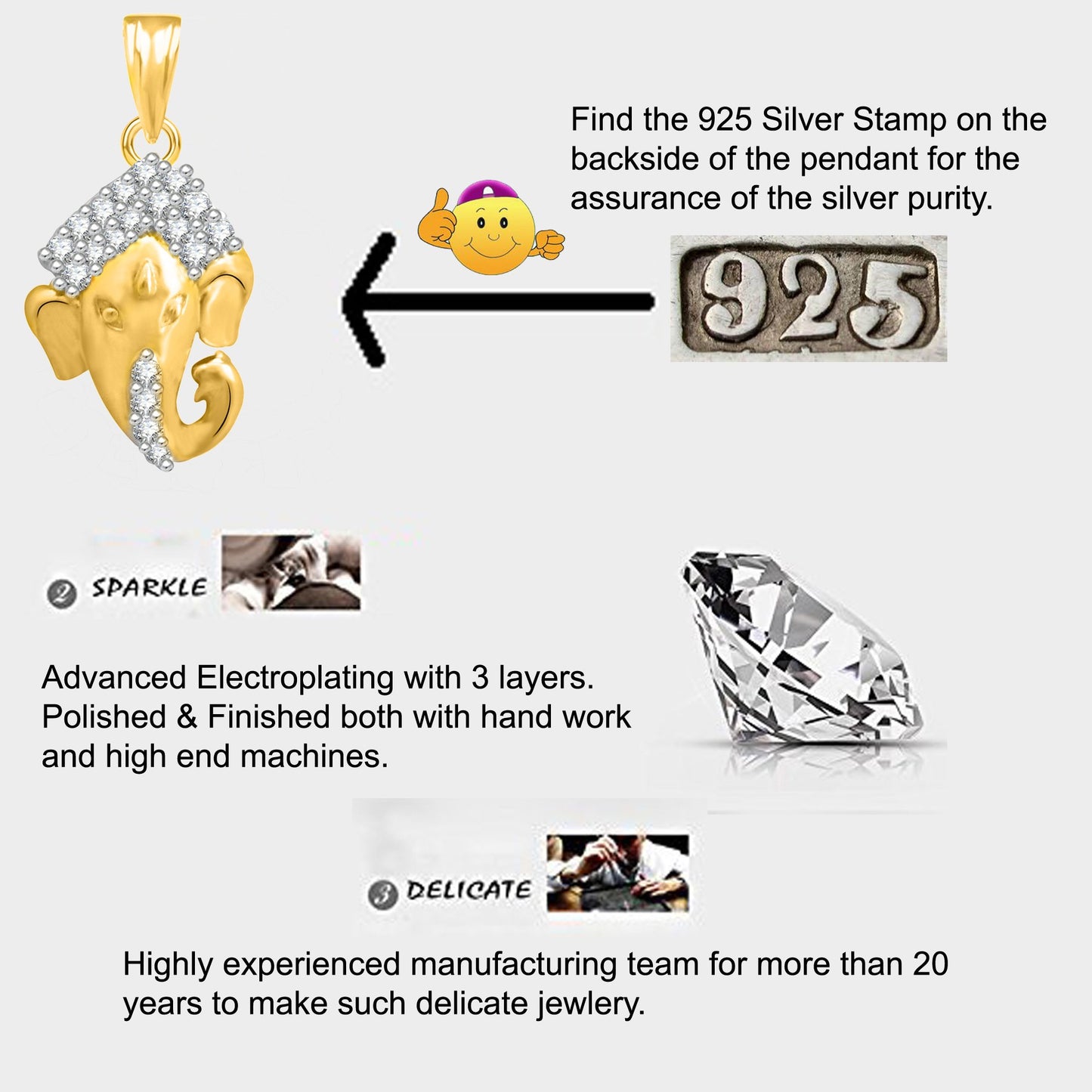 Pure 925 Sterling Silver Ganesha Ganpati Locket CZ God Pendant For Man & Women Pendent