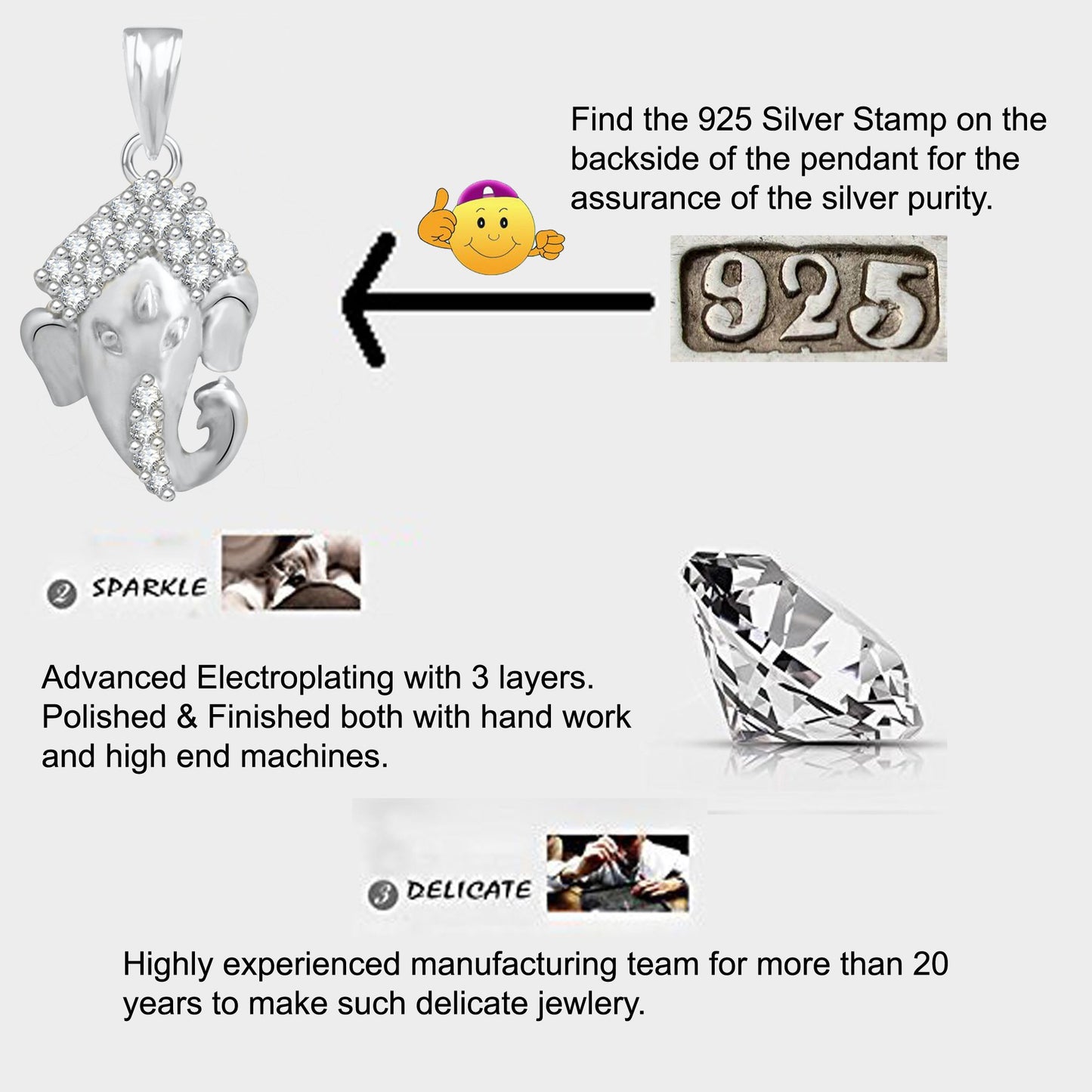 Pure 925 Sterling Silver Ganesha Ganpati Locket CZ God Pendant For Man & Women Pendent