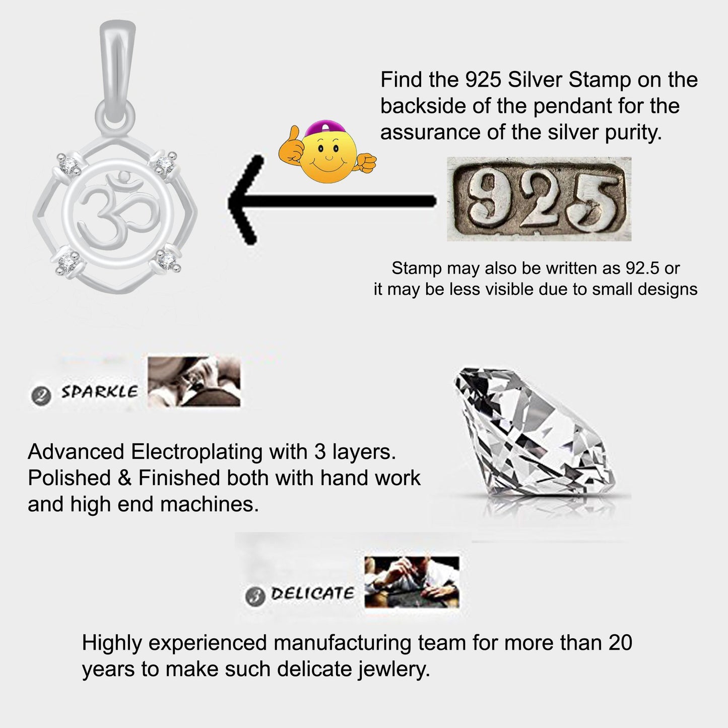 Pure 925 Sterling Silver Om Hindu Religious Symbol Ohm Locket In Cz Aum God Pendant For Man & Women