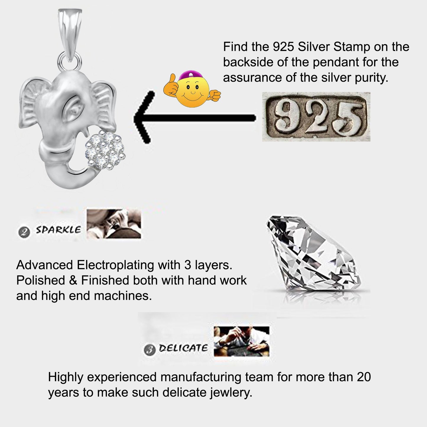 Pure 925 Sterling Silver Ganesha Ganpati Locket CZ God Pendant For Man & Women Pendent