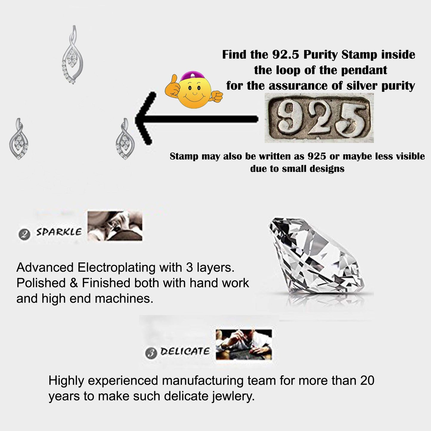 Pure 925 Sterling Silver Pendant With Studs (Earring) Jewellery Set for Women & Girls (SILVER RHODIUM)