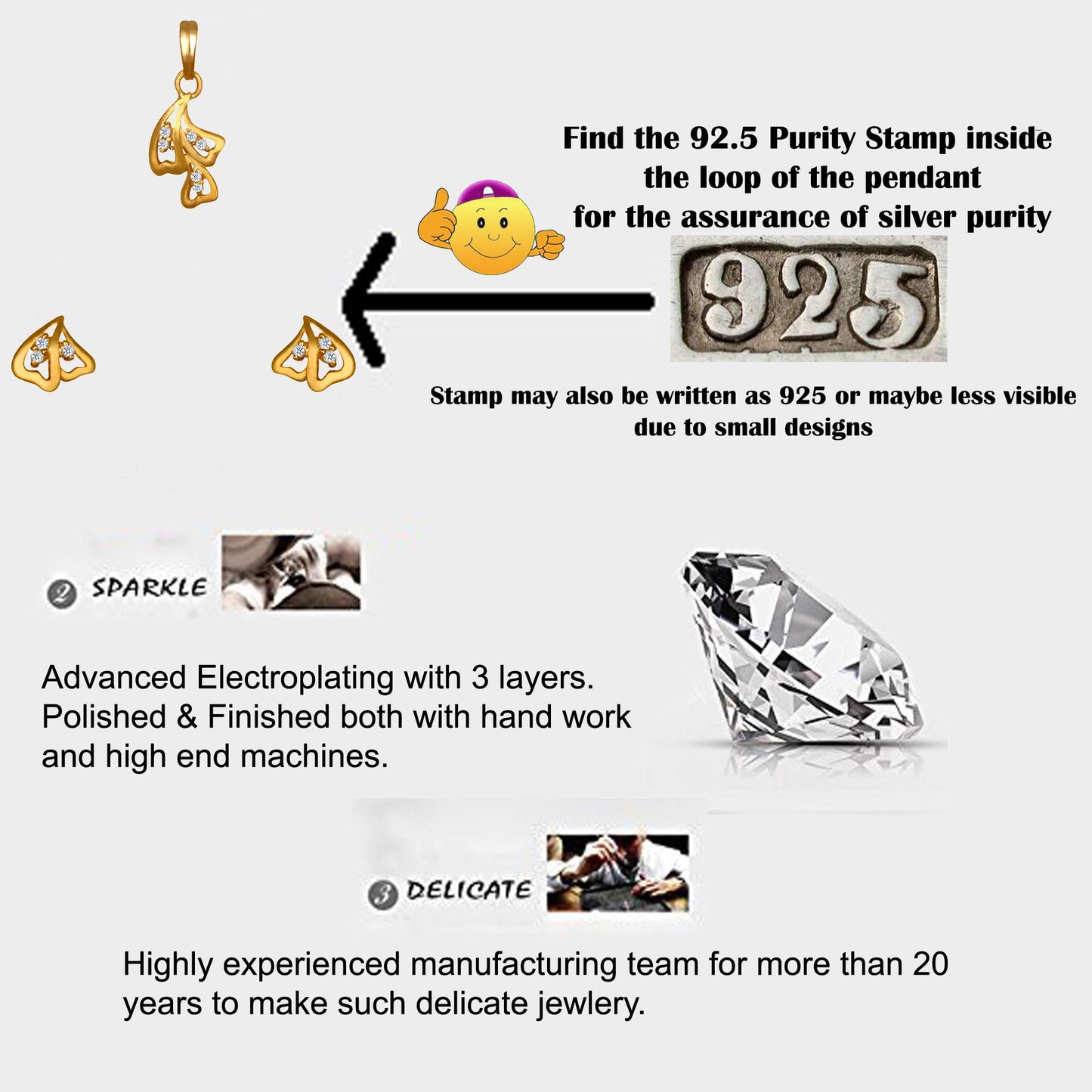 Pure 925 Sterling Silver Pendant With Studs (Earring) Jewellery Set for Women & Girls (GOLD)