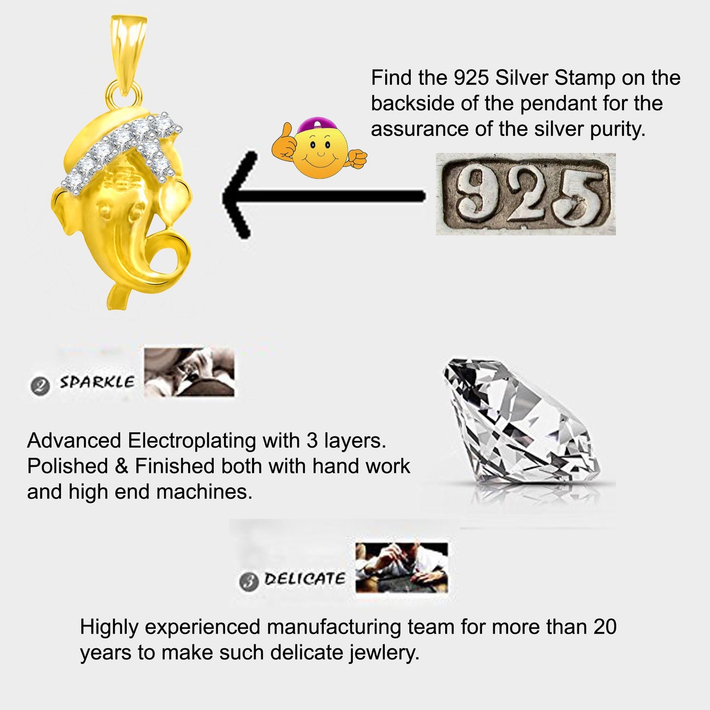 Pure 925 Sterling Silver Ganesha Ganpati Locket In CZ God Pendant For Man & Women Pendent