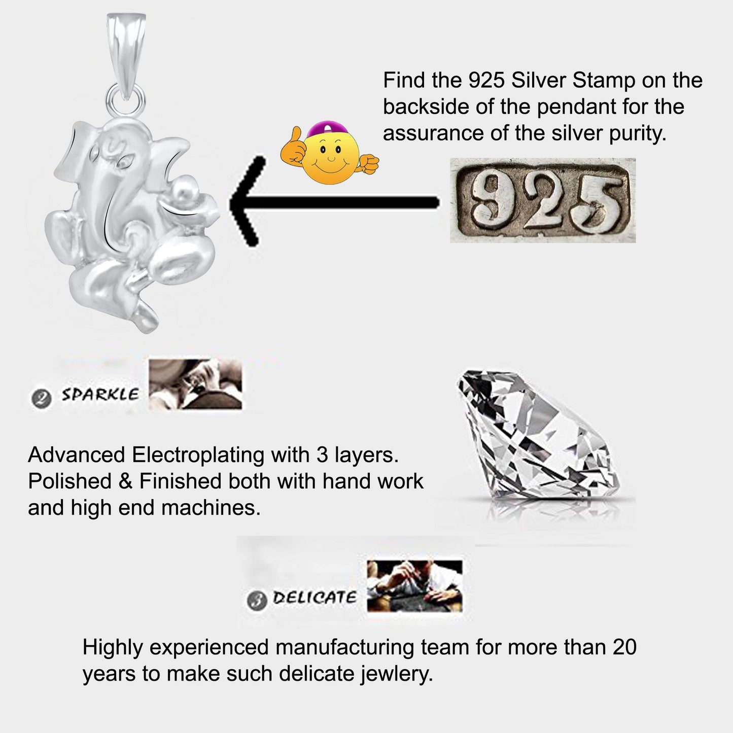 Pure 925 Sterling Silver Ganesha Ganpati Locket In CZ God Pendant For Man & Women Pendent