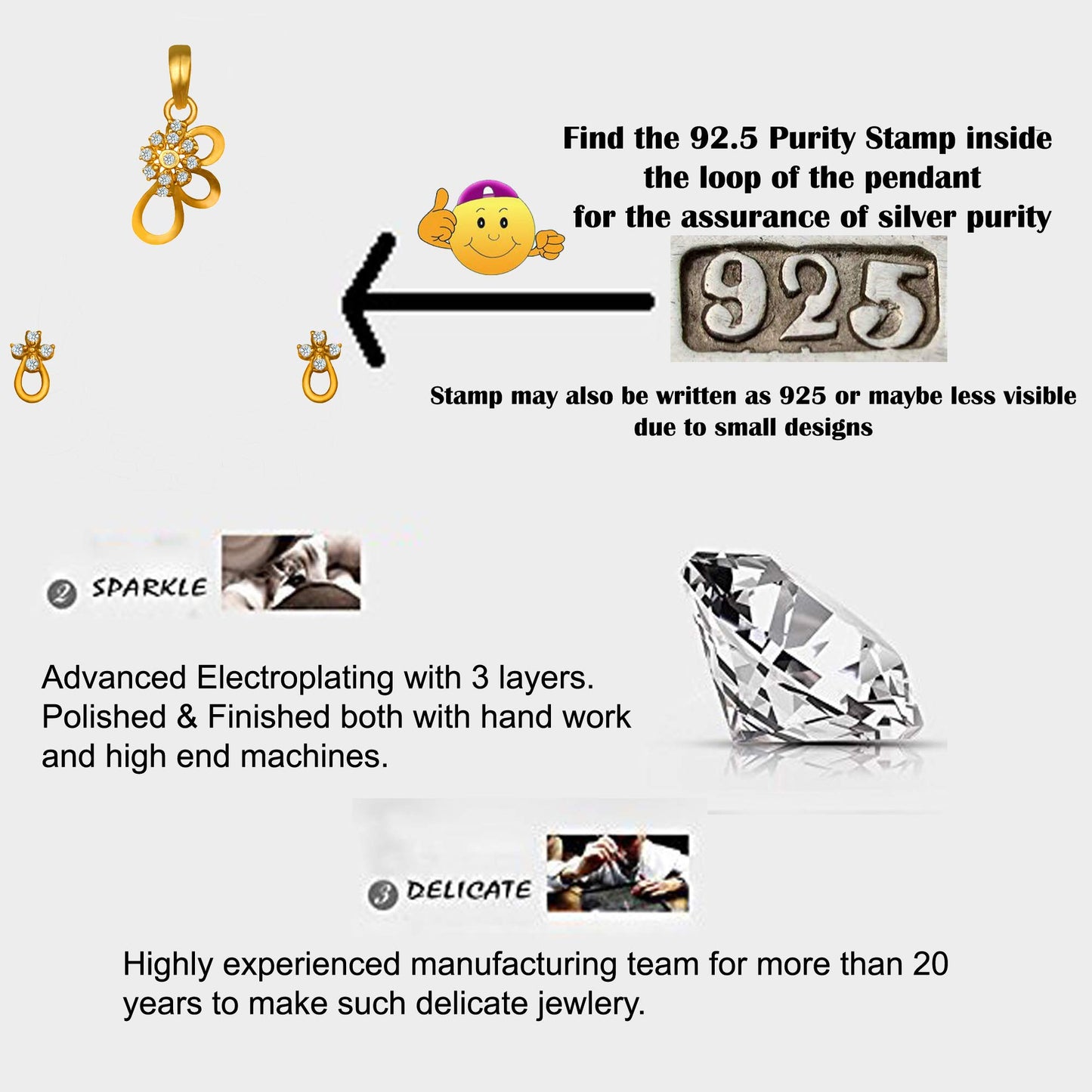 Pure 925 Sterling Silver Pendant With Studs (Earring) Jewellery Set for Women & Girls (GOLD)