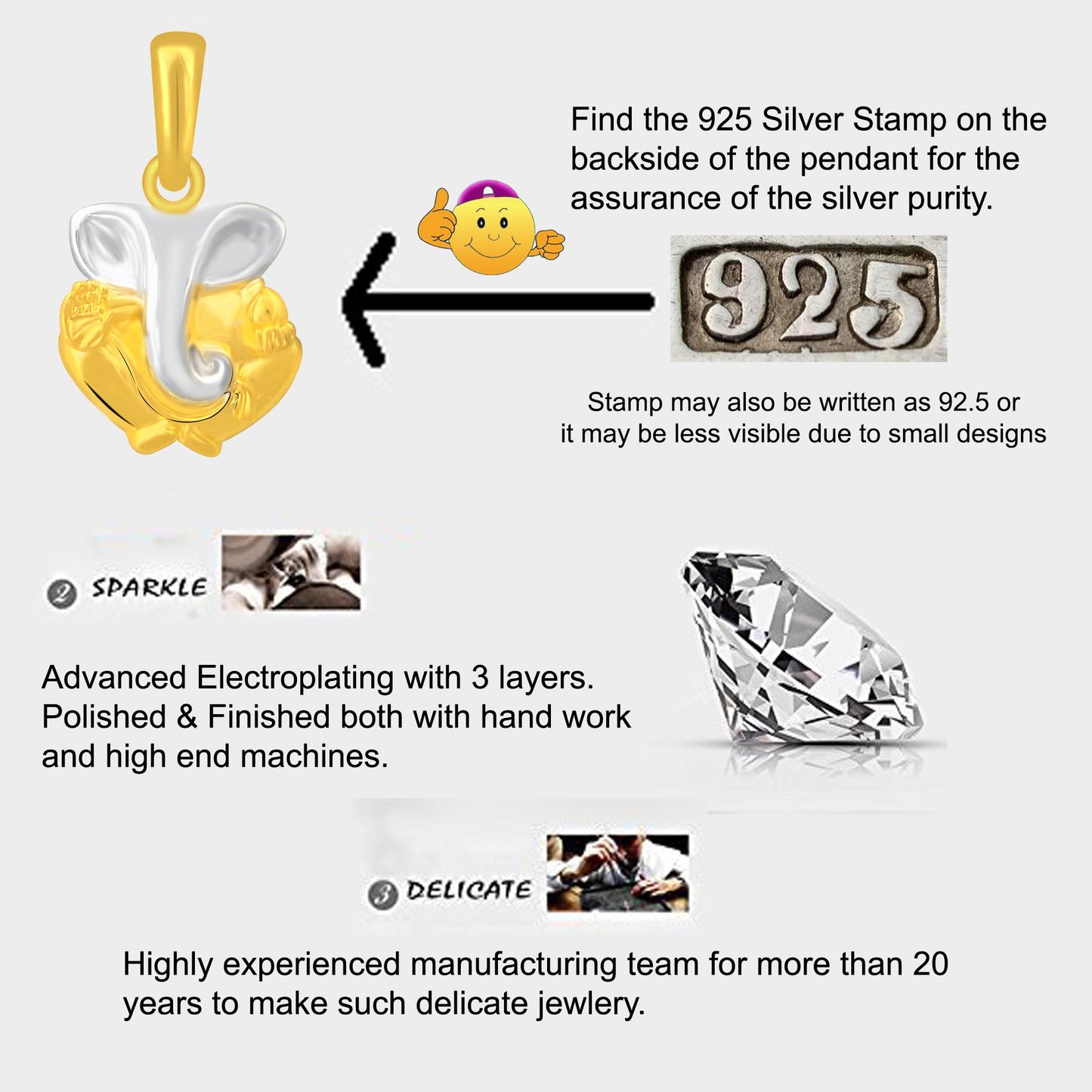 Pure 925 Sterling Silver Om Ganesha Ganpati Locket In CZ God Pendant For Man & Women Pendent