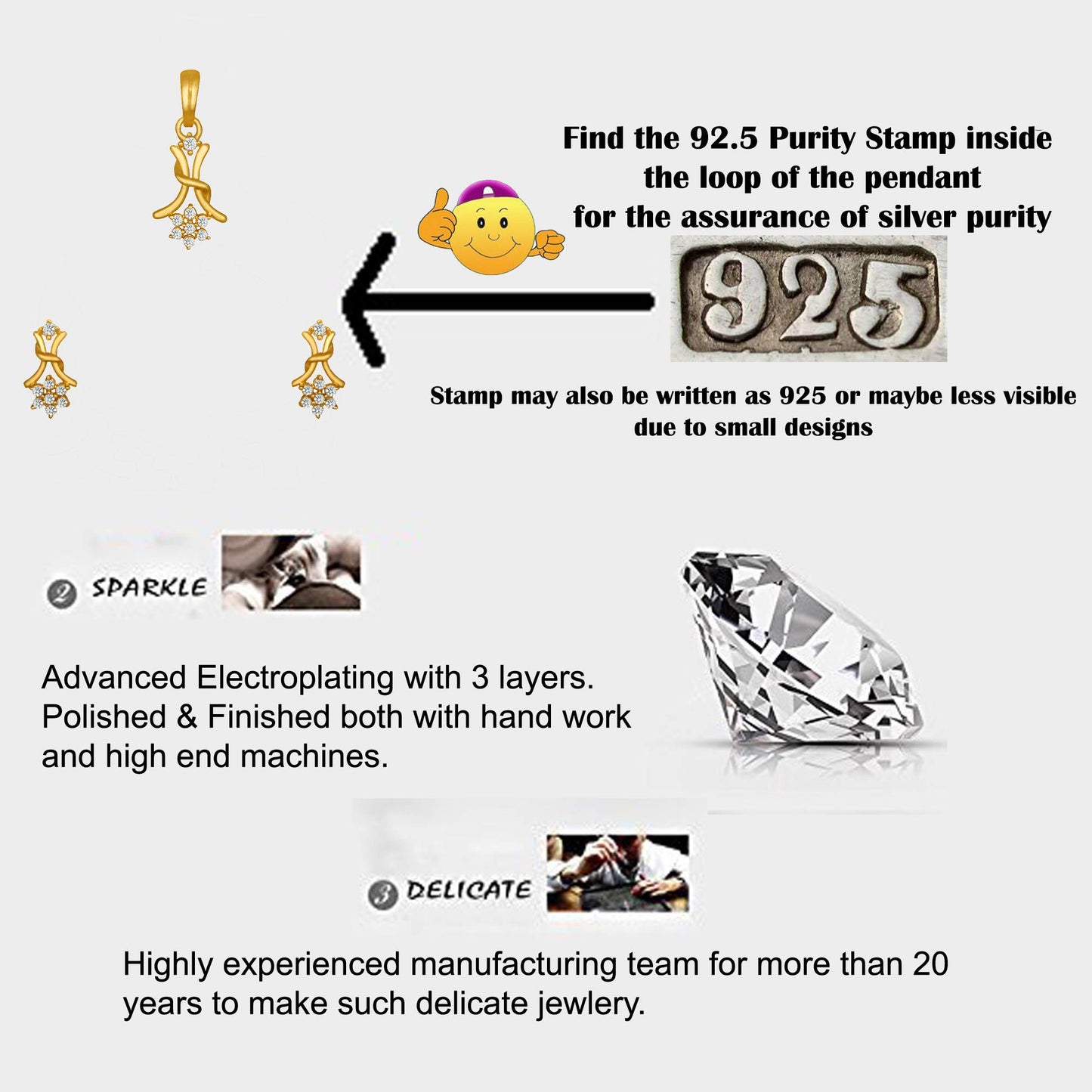 Pure 925 Sterling Silver Pendant With Studs (Earring) Jewellery Set for Women & Girls (Gold)