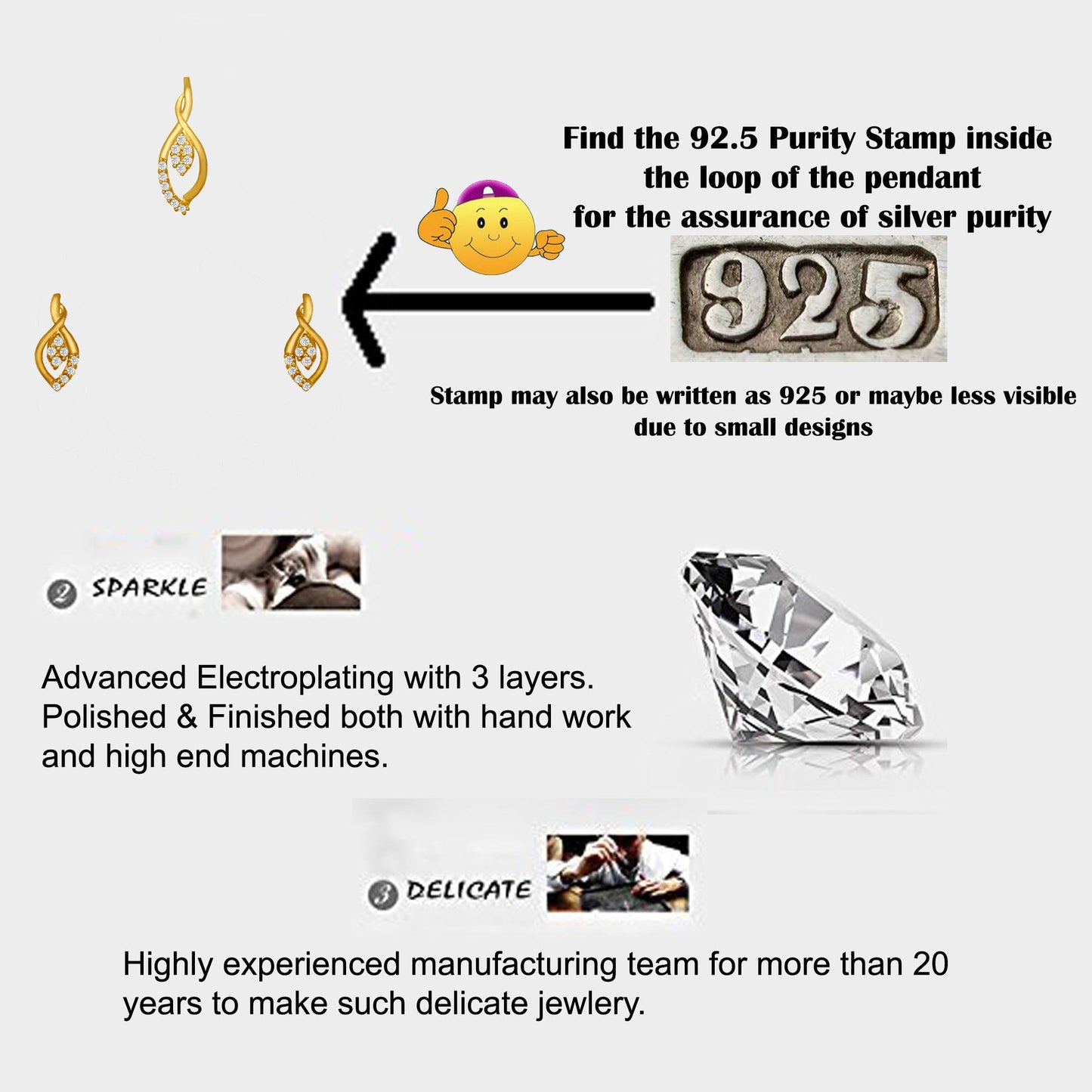 Pure 925 Sterling Silver Pendant With Studs (Earring) Jewellery Set for Women & Girls (GOLD)