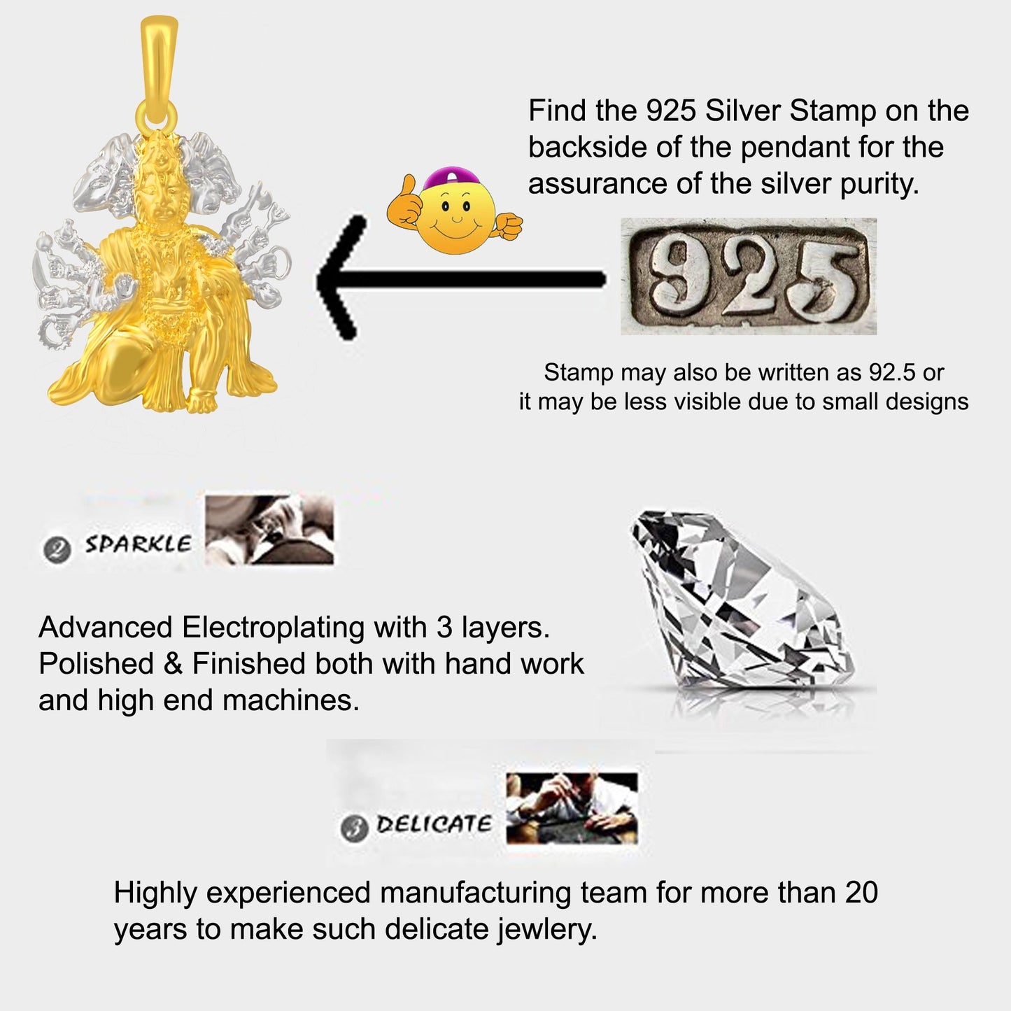 Pure 925 Sterling Silver Jai Panch Mukhi Hanuman Pendent Locket In Cz God Pendant For Man & Women