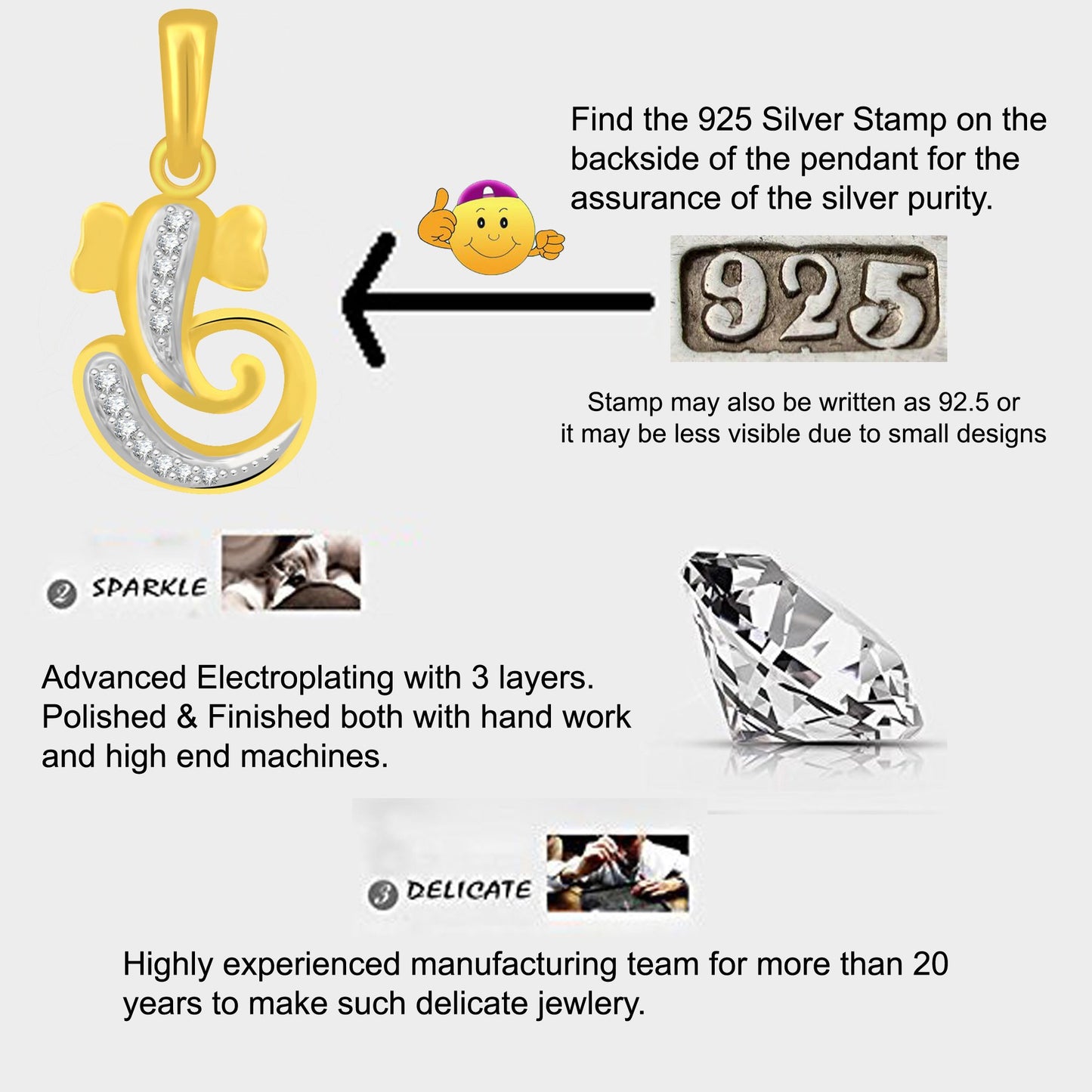 Pure 925 Sterling Silver Om Ganesha Ganpati Locket In CZ God Pendant For Man & Women Pendent