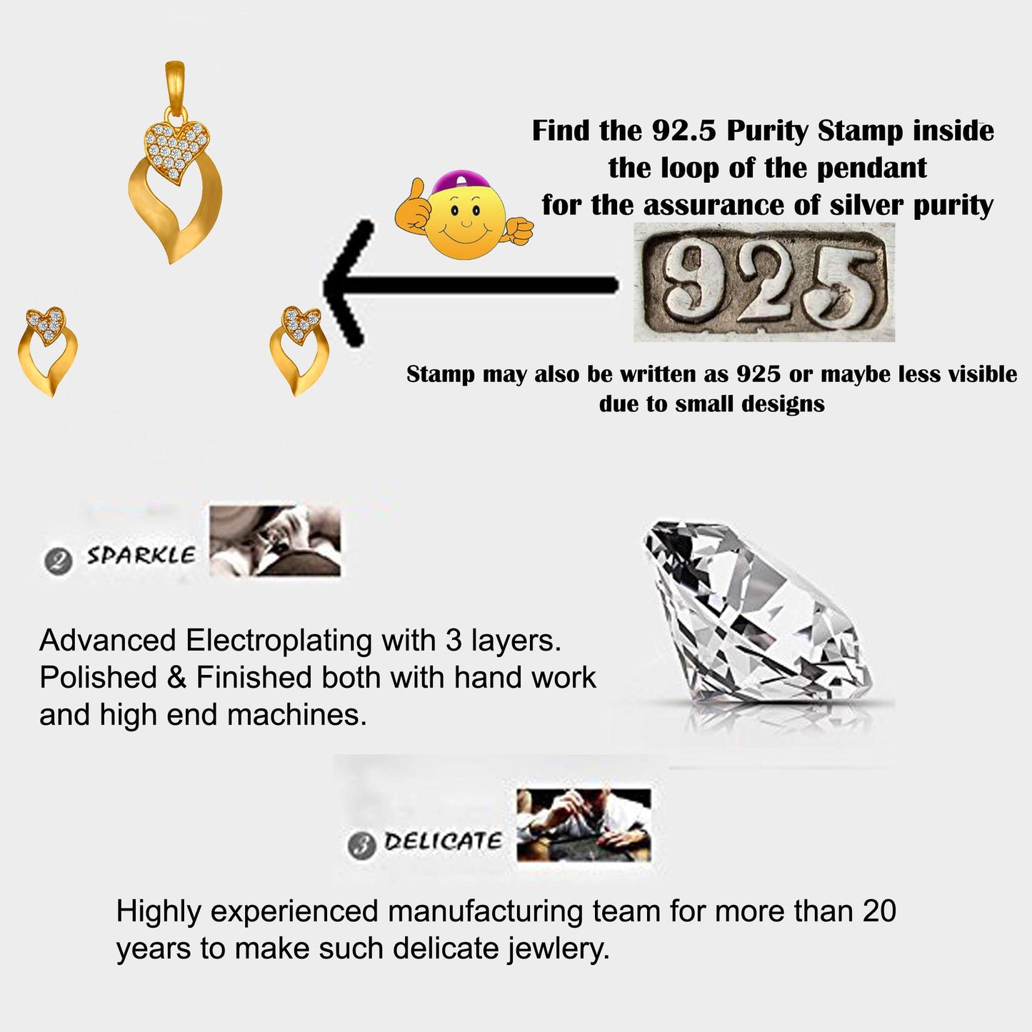 Pure 925 Sterling Silver Heart Shape Pendant With Studs (Earring) in Jewellery Set for Women & Girls (GOLD)