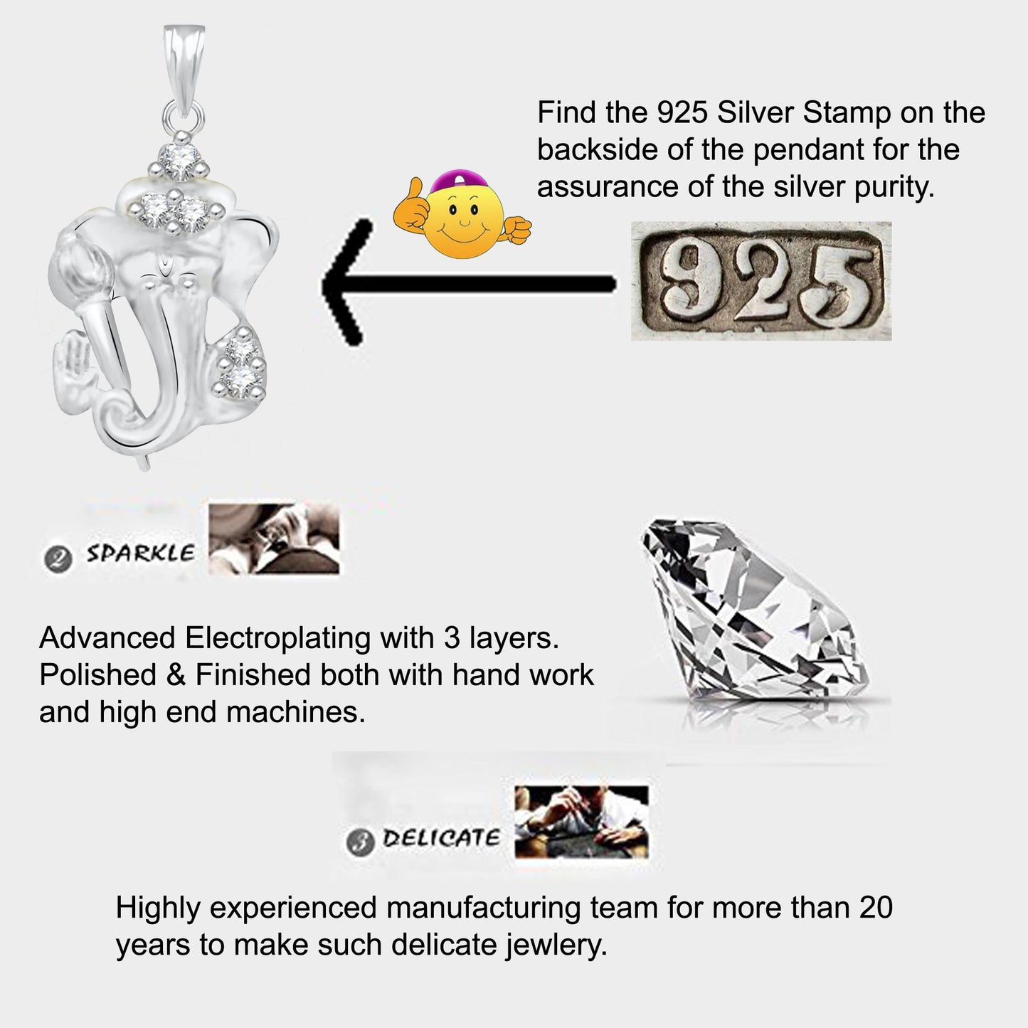 Pure 925 Sterling Silver Ganesha Ganpati Locket CZ God Pendant For Man & Women Pendent