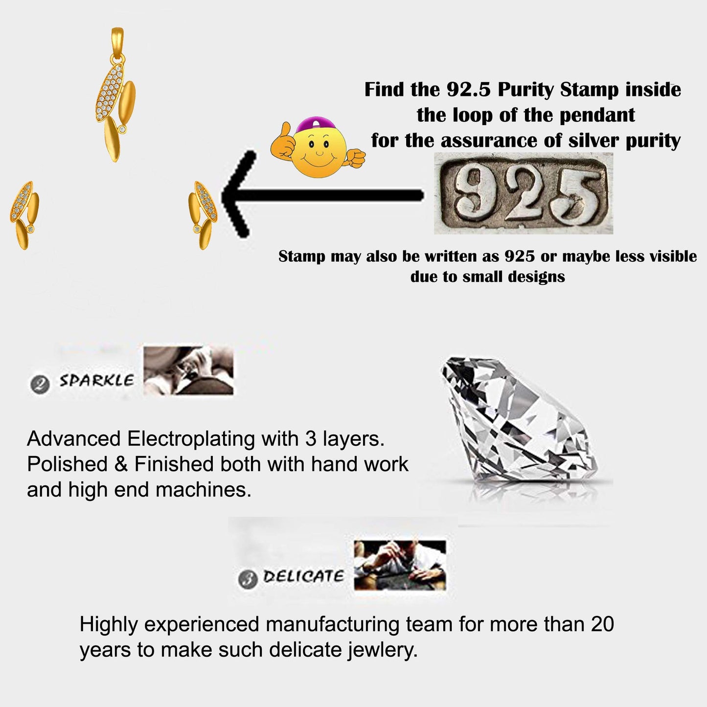 Pure 925 Sterling Silver Pendant With Studs (Earring) Jewellery Set for Women & Girls (GOLD)