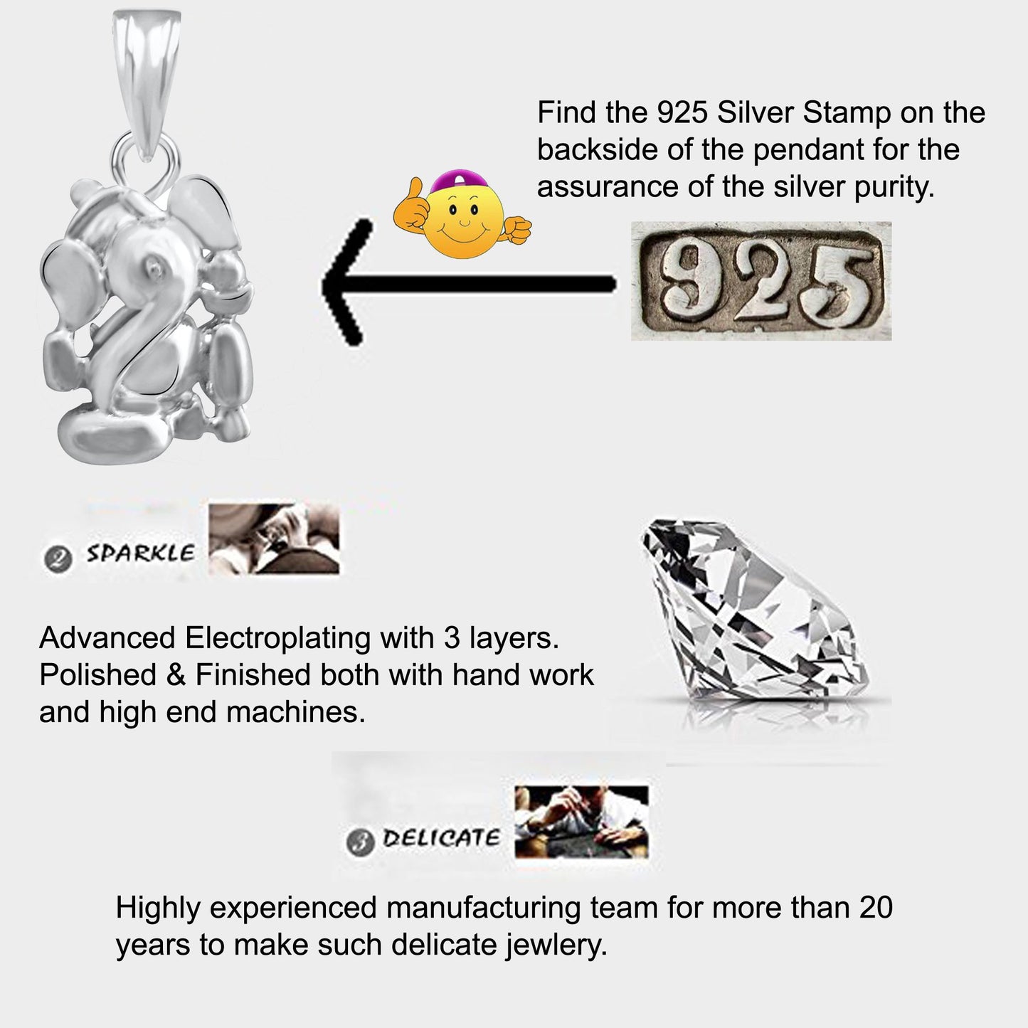 Pure 925 Sterling Silver Ganesha Ganpati Locket CZ God Pendant For Man & Women Pendent