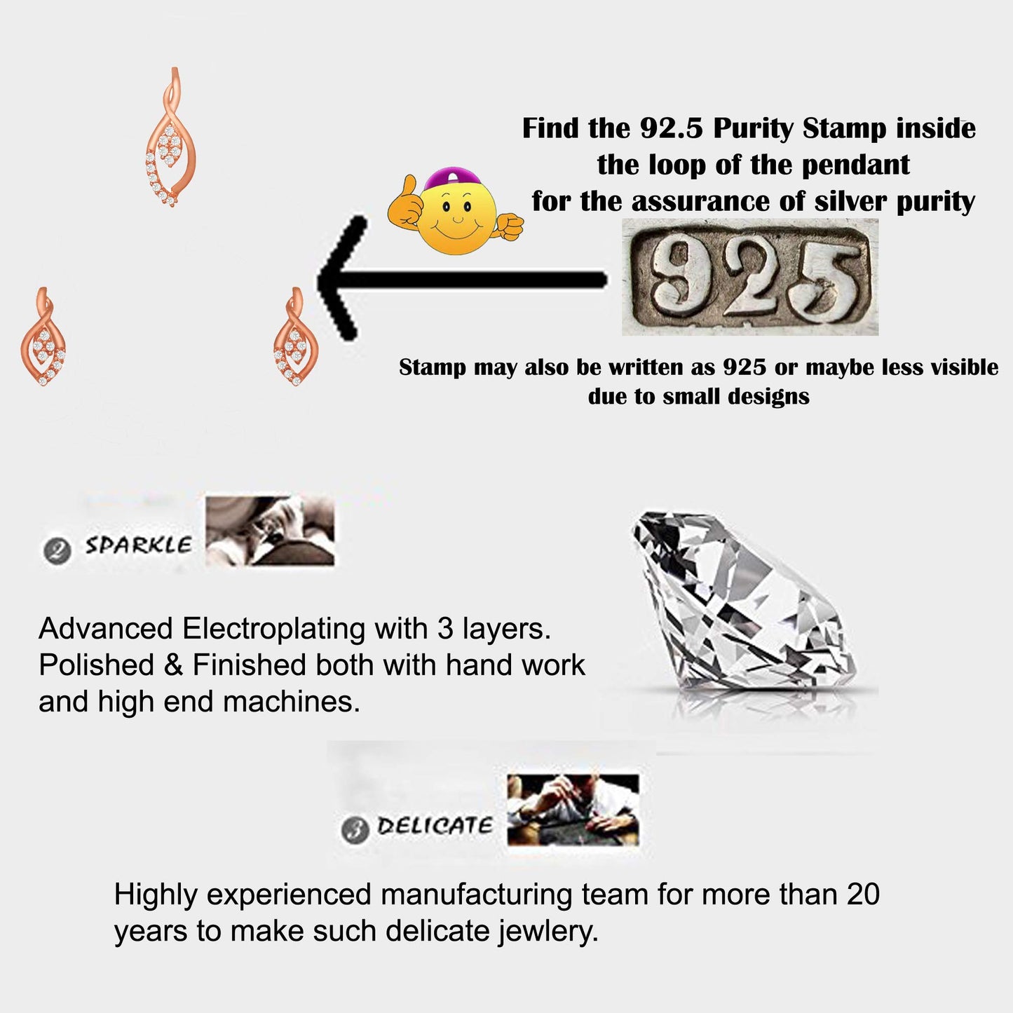 Pure 925 Sterling Silver Pendant With Studs (Earring) Jewellery Set for Women & Girls (ROSE GOLD)