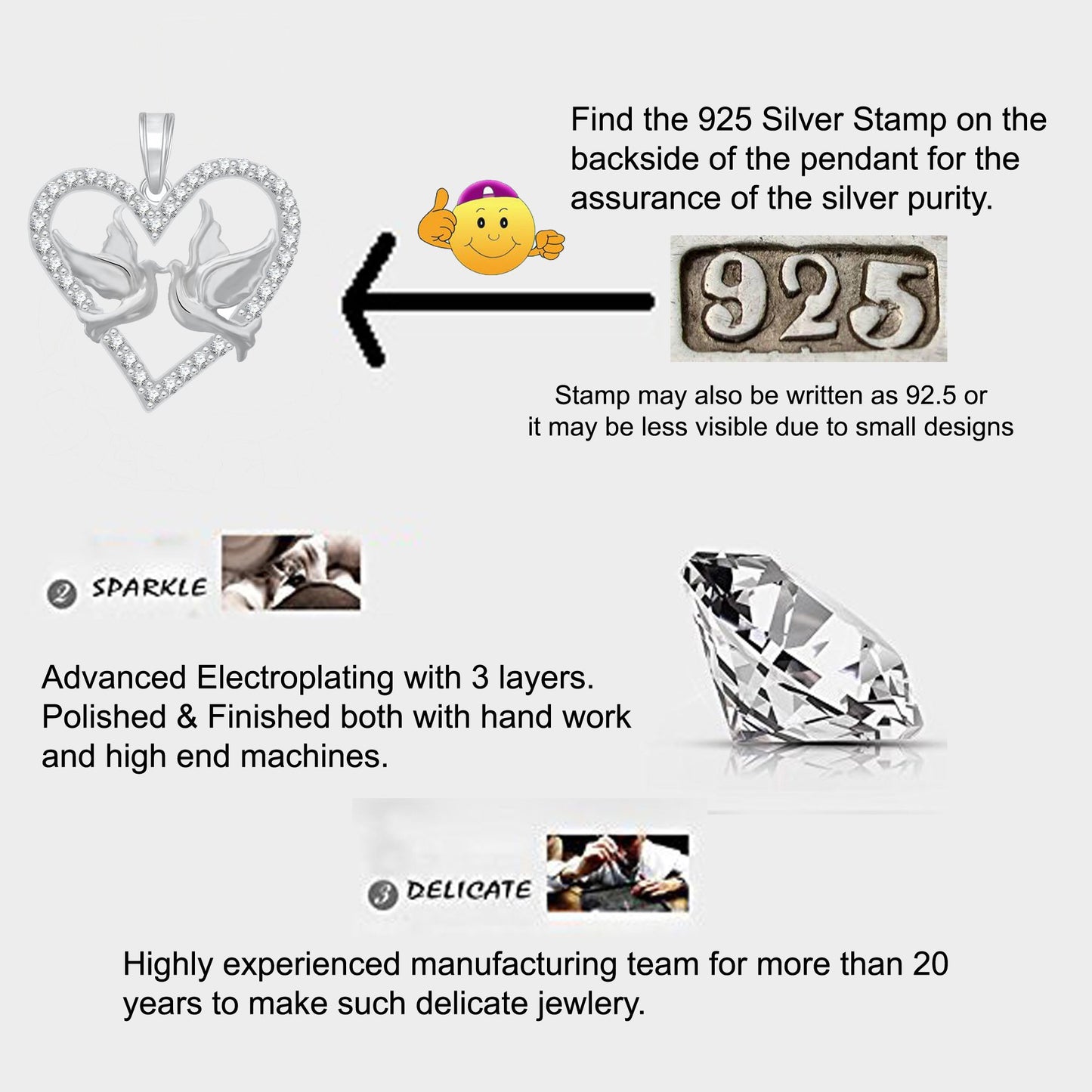 Pure 925 Sterling Silver Pendent Love Birds in Valentine Heart Shape CZ Pendant Locket Gift For Women, Girls & Baby Girls