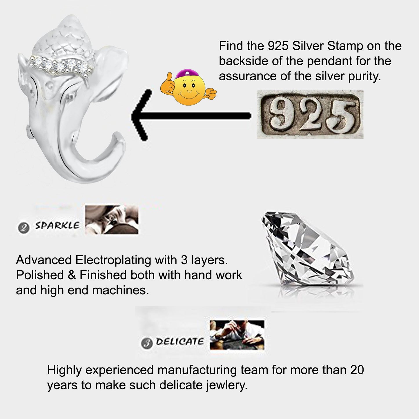 Pure 925 Sterling Silver Ganesha Ganpati Locket In CZ God Pendant For Man & Women Pendent