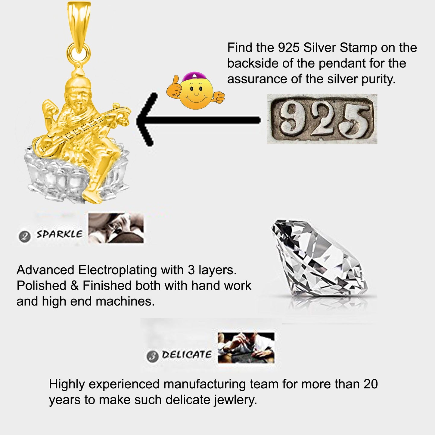 Pure 925 Sterling Silver Goddess Saraswati In God Pendant For Man Woman Boys Girls