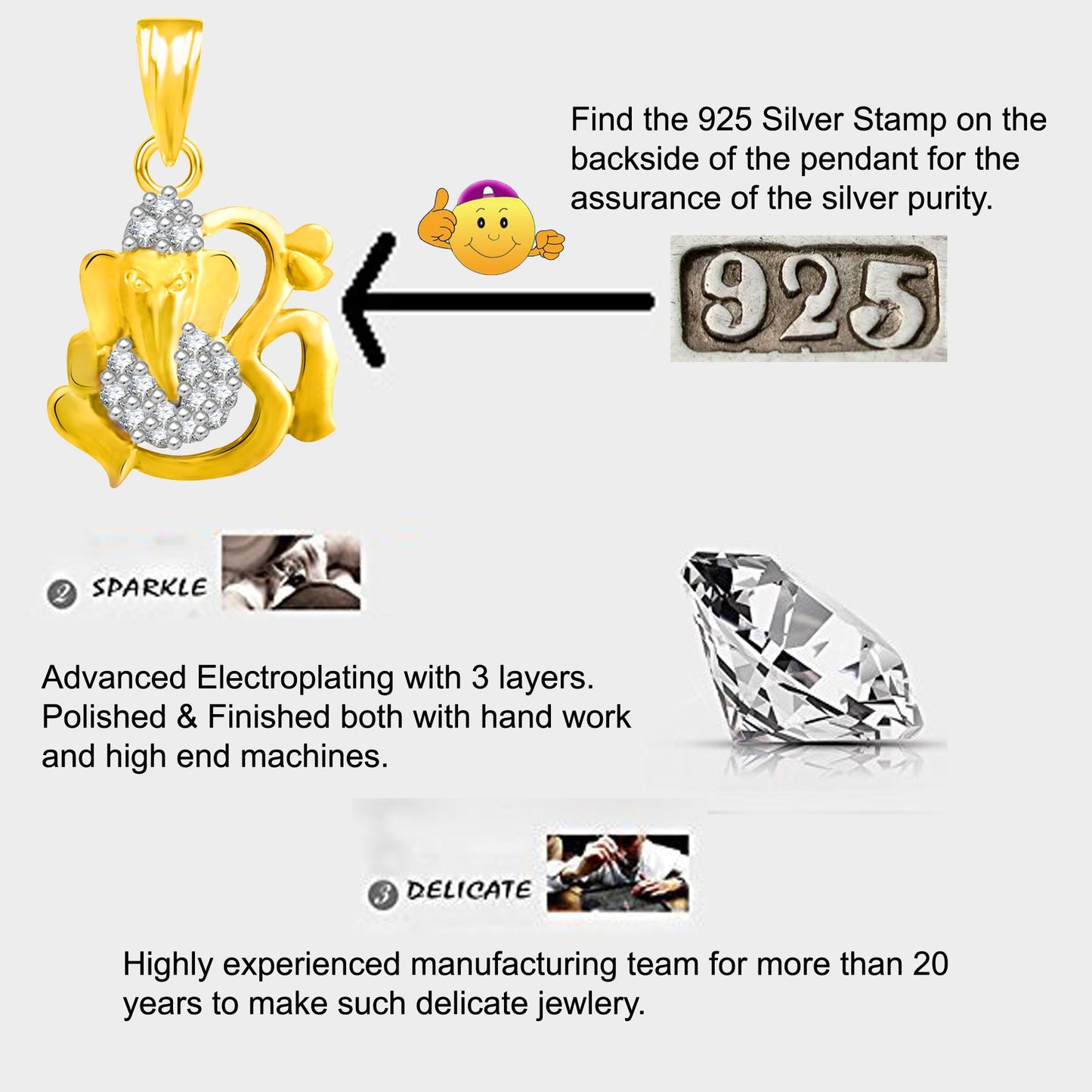 Pure 925 Sterling Silver Siddhivinayak Ganesha Ganpati Locket In CZ God Pendant For Man & Women Pendent